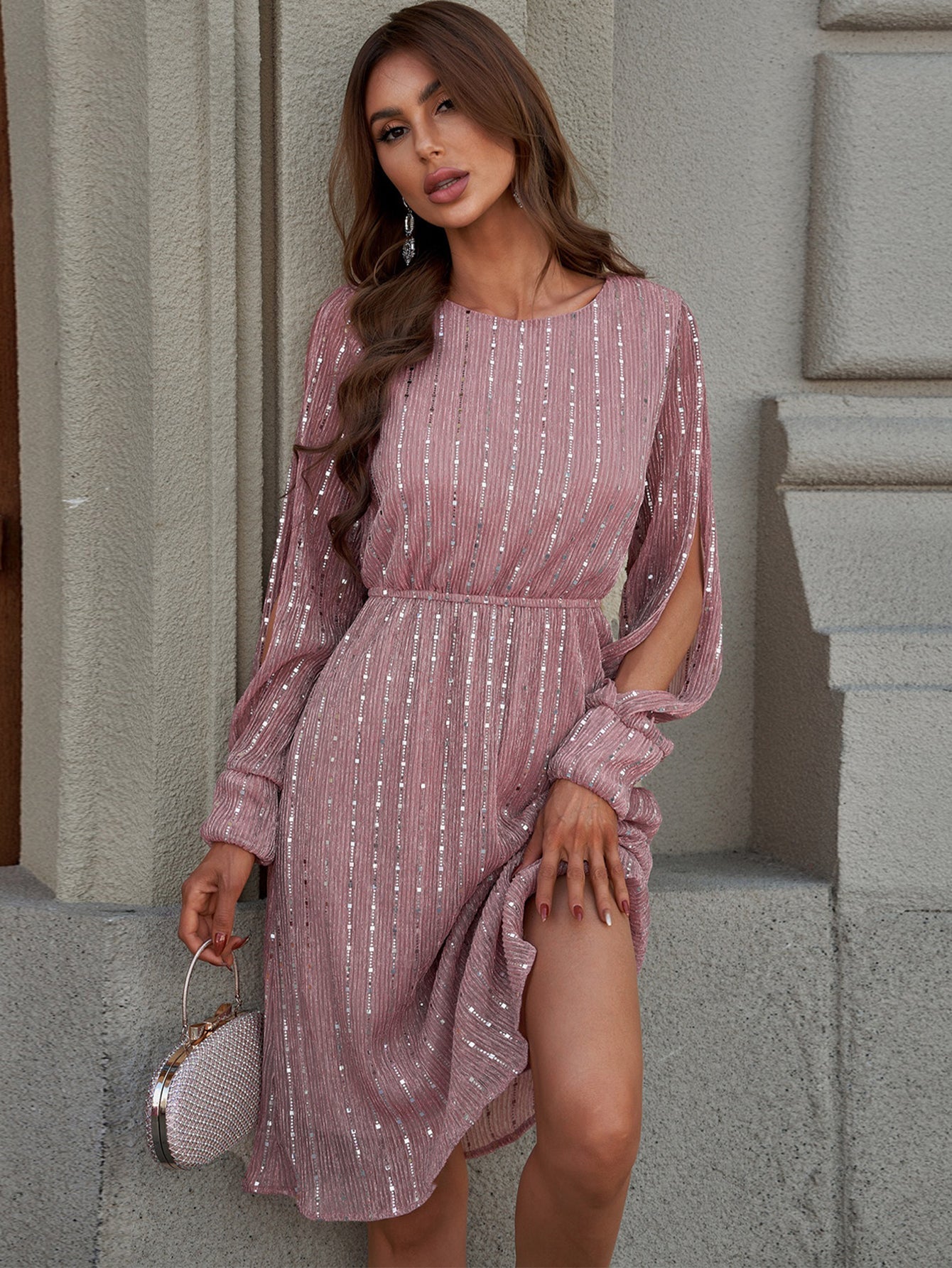 Pink Sequin Split Sleeve Midi Dress Sai Feel