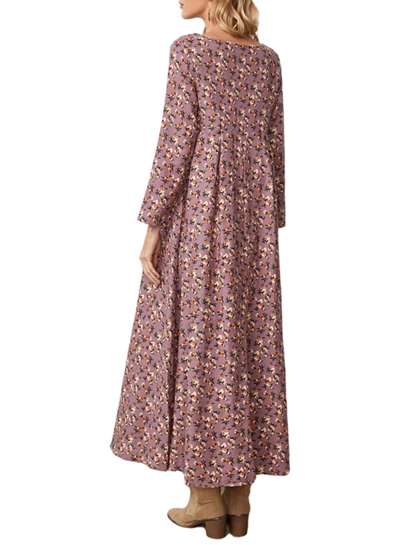 Pink Square Collar Casual Printing Long Sleeve Dress Sai Feel
