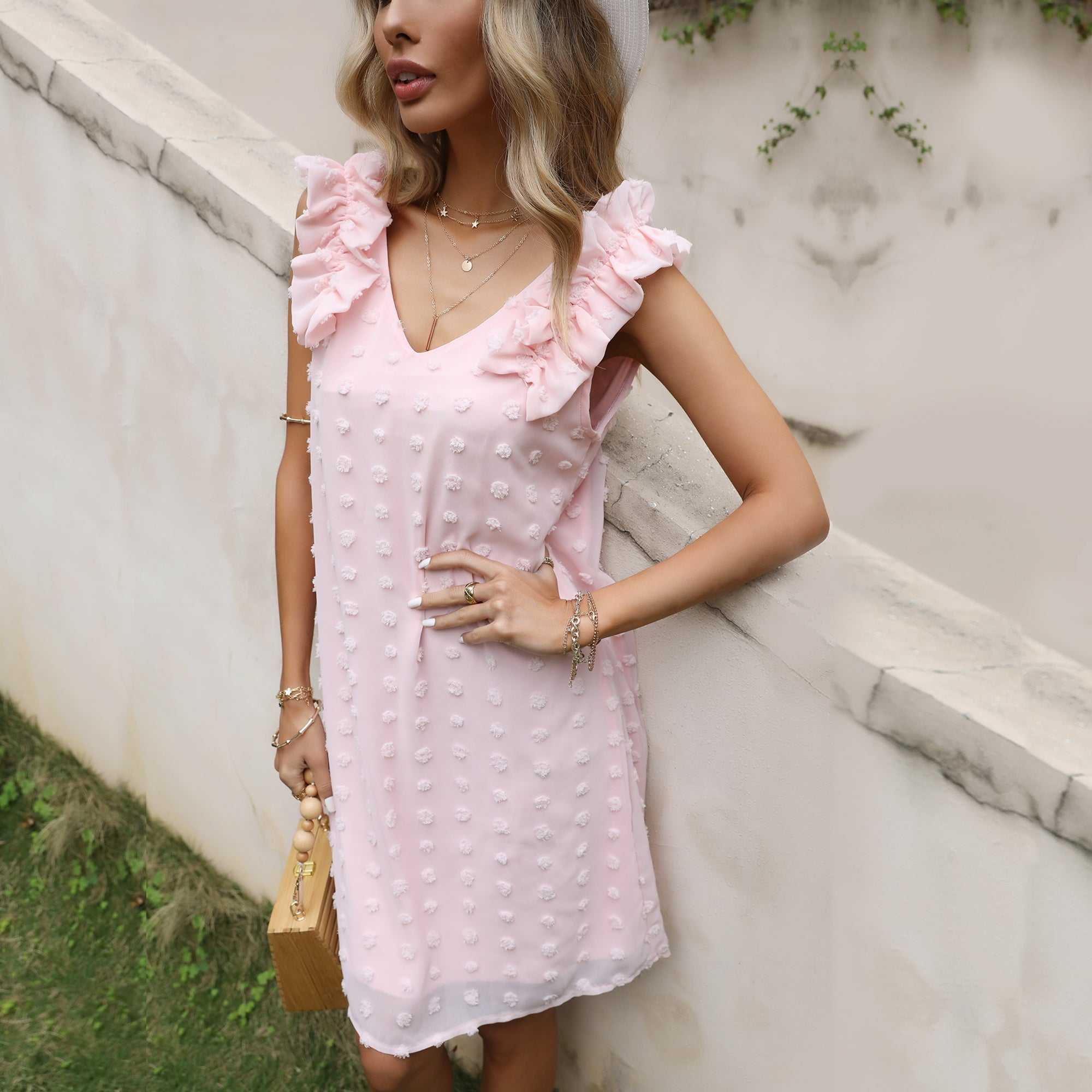 Pink solid color v-neck stitching vest dress Sai Feel