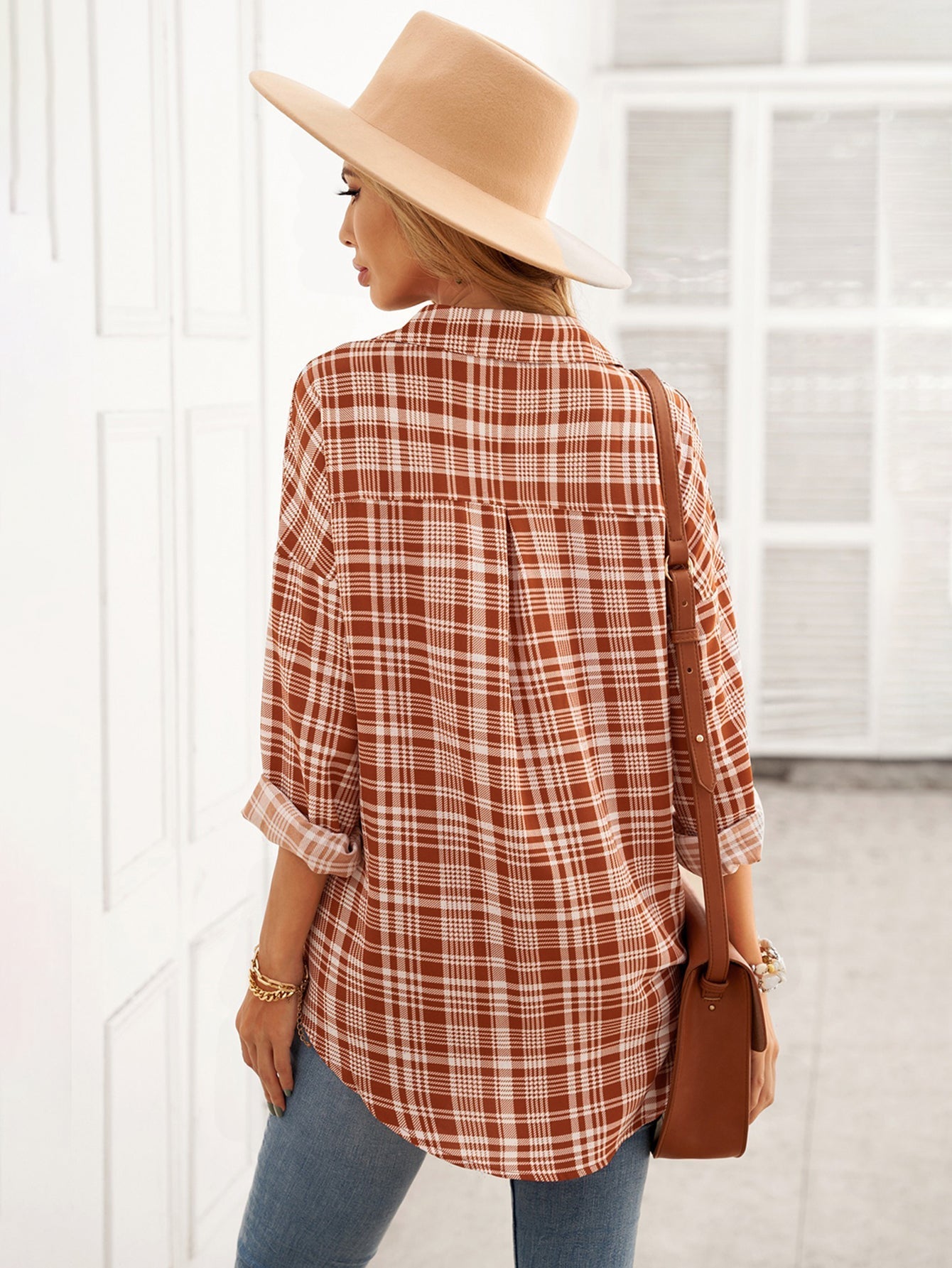 Plaid Button Down Shirt Loose Fit Long Sleeve Lapel Blouse Top Sai Feel