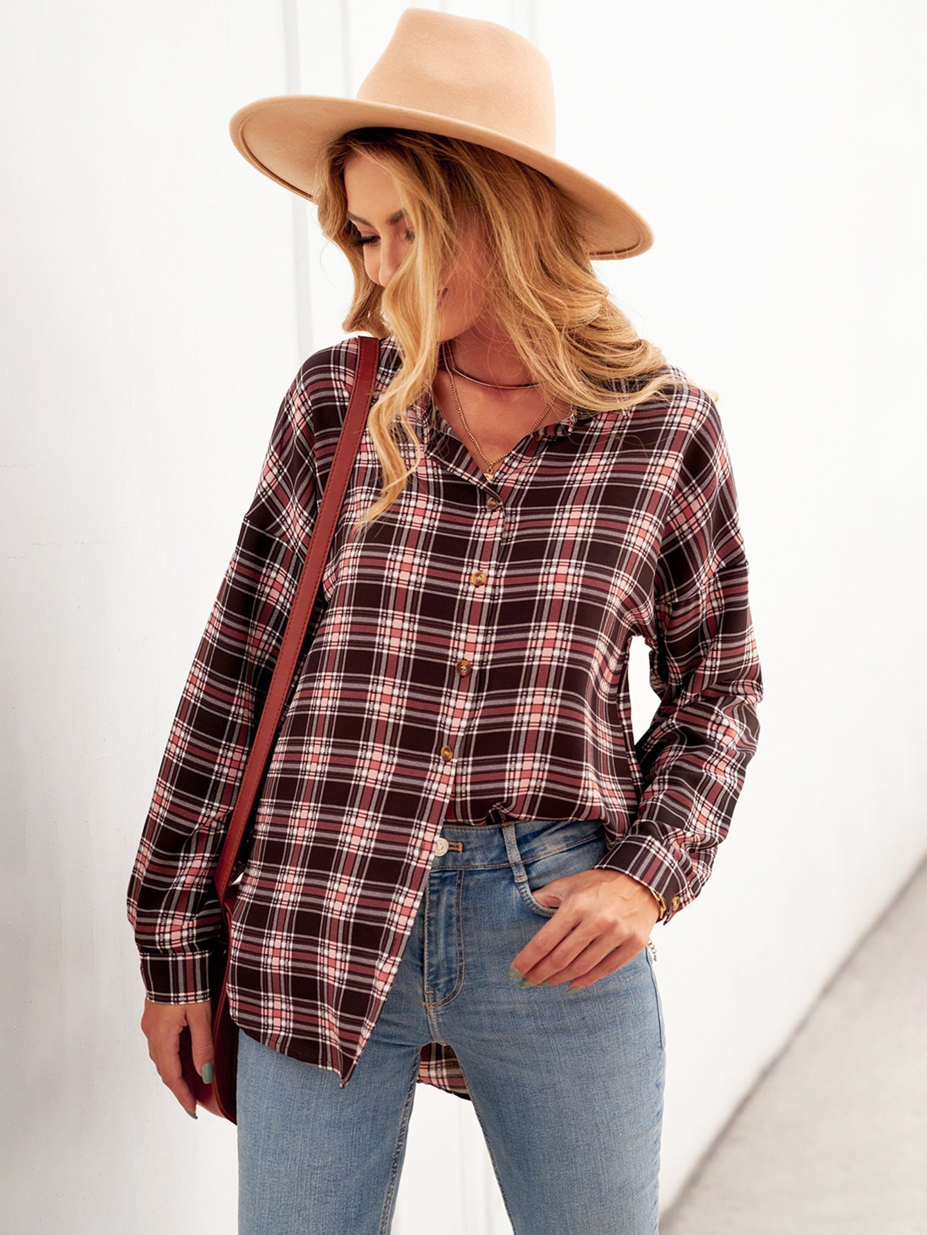 Plaid Button Down Shirt Loose Fit Long Sleeve Lapel Blouse Top Sai Feel