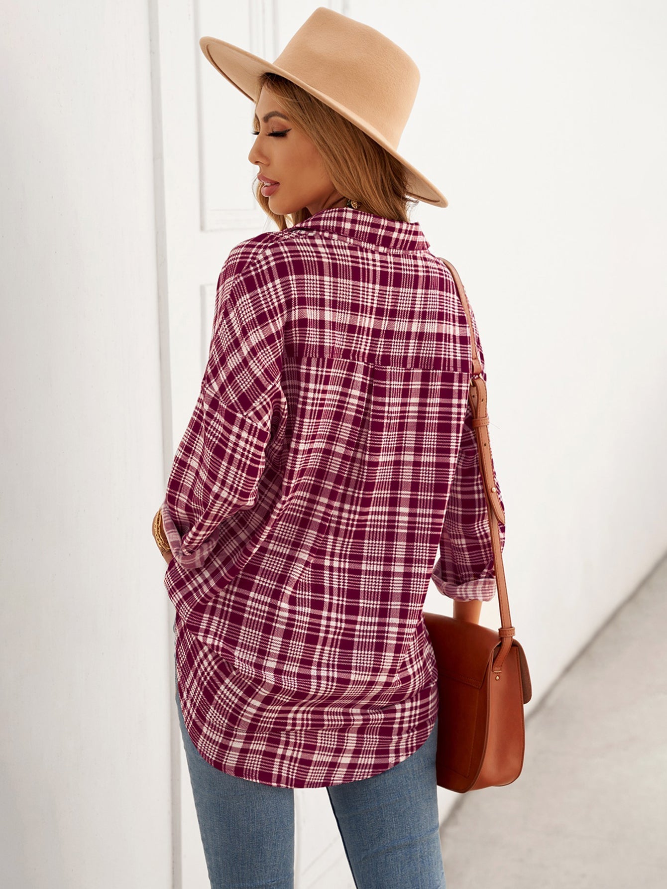 Plaid Button Down Shirt Loose Fit Long Sleeve Lapel Blouse Top Sai Feel