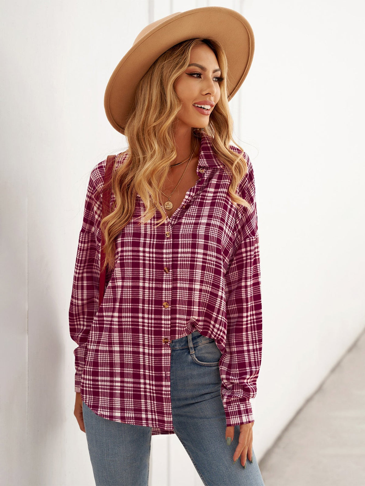 Plaid Button Down Shirt Loose Fit Long Sleeve Lapel Blouse Top Sai Feel