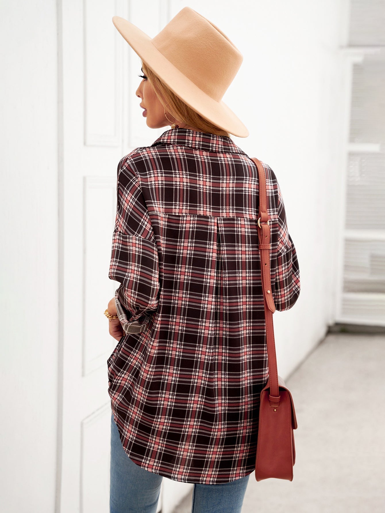 Plaid Button Down Shirt Loose Fit Long Sleeve Lapel Blouse Top Sai Feel