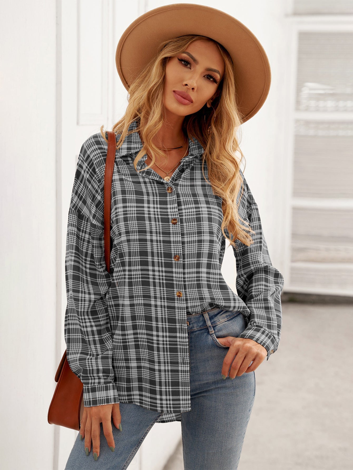 Plaid Button Down Shirt Loose Fit Long Sleeve Lapel Blouse Top Sai Feel