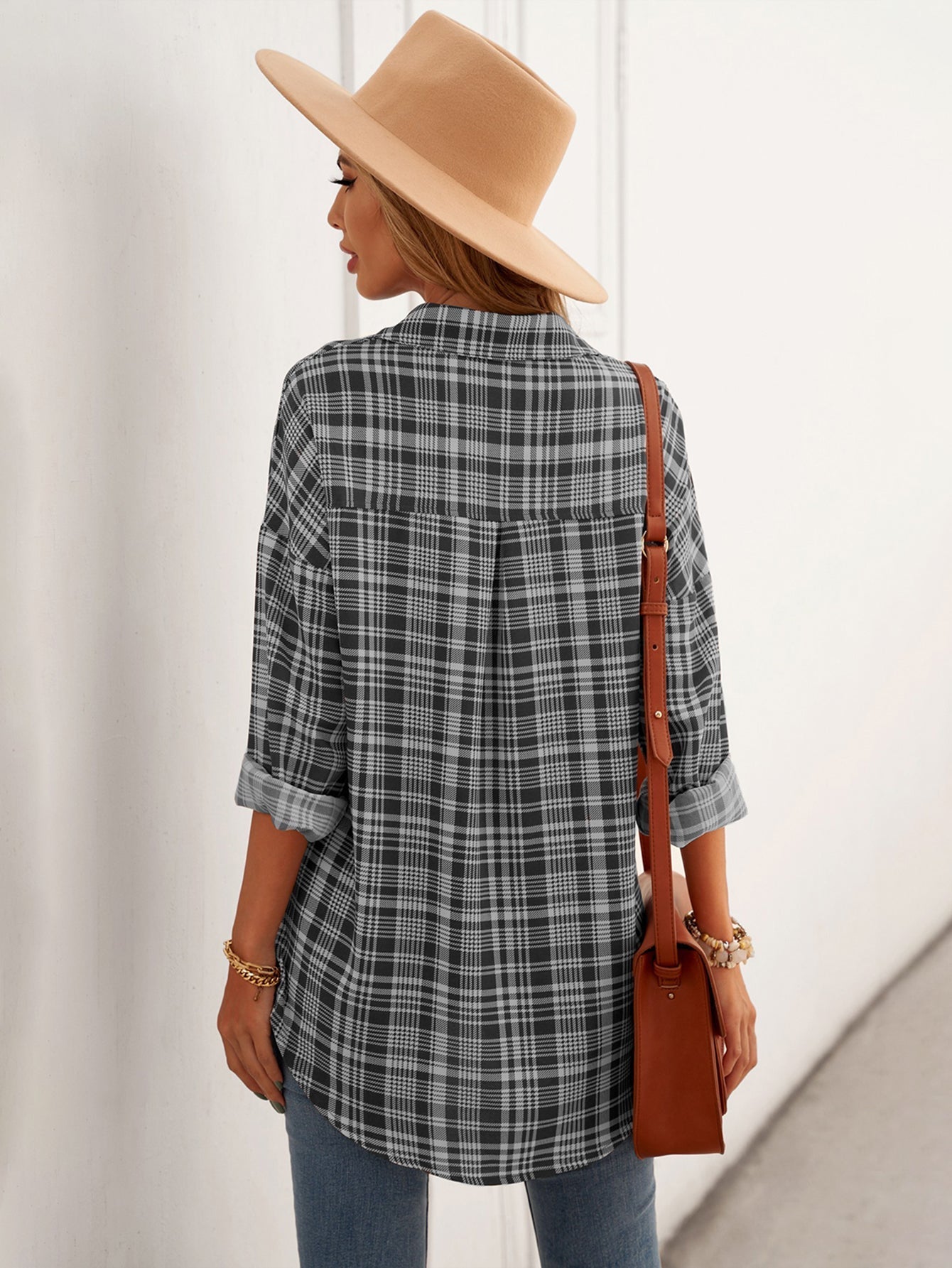 Plaid Button Down Shirt Loose Fit Long Sleeve Lapel Blouse Top Sai Feel