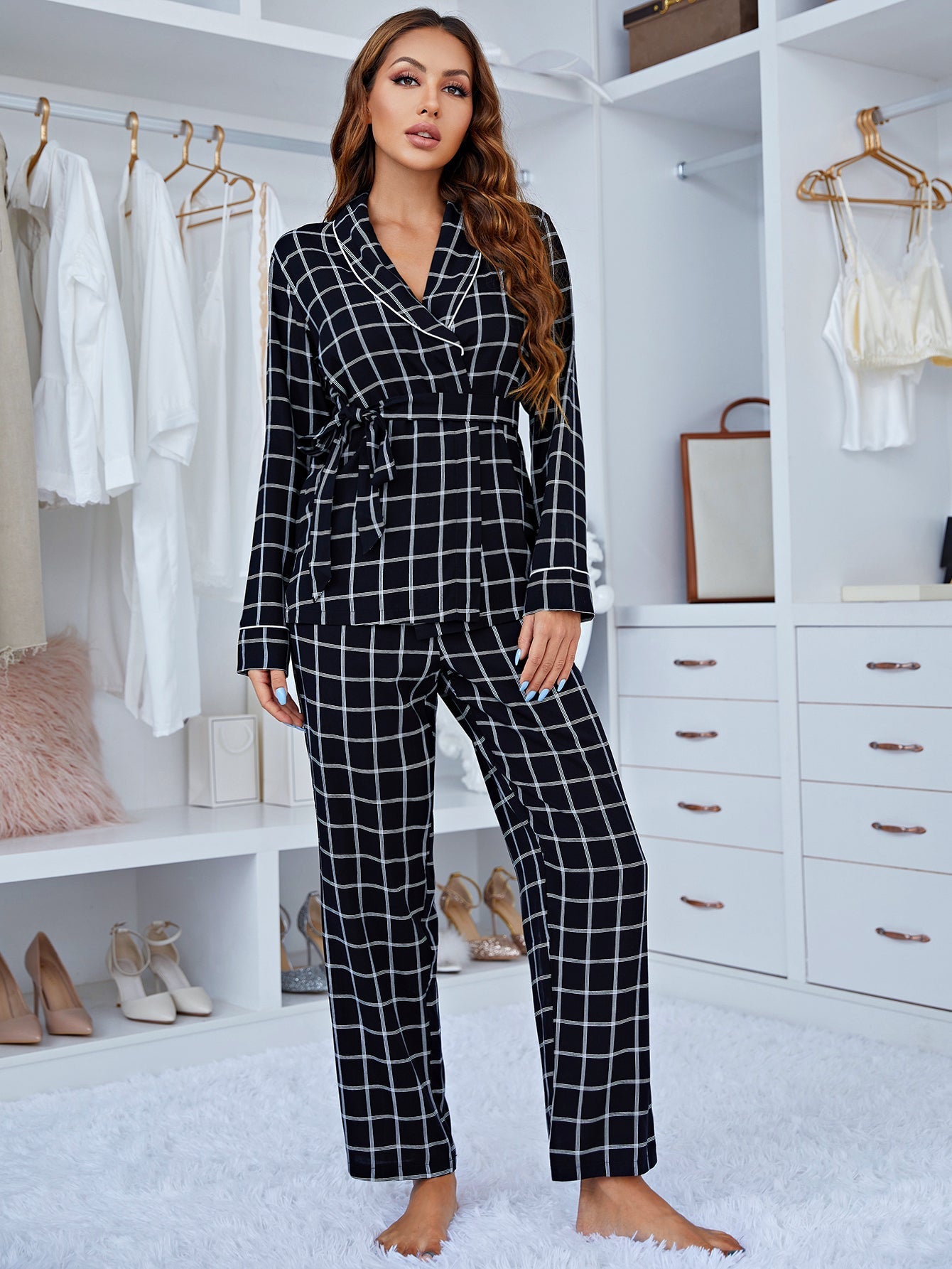 Plaid Button Front Shirt And Pants Pajamas Sets Sai Feel