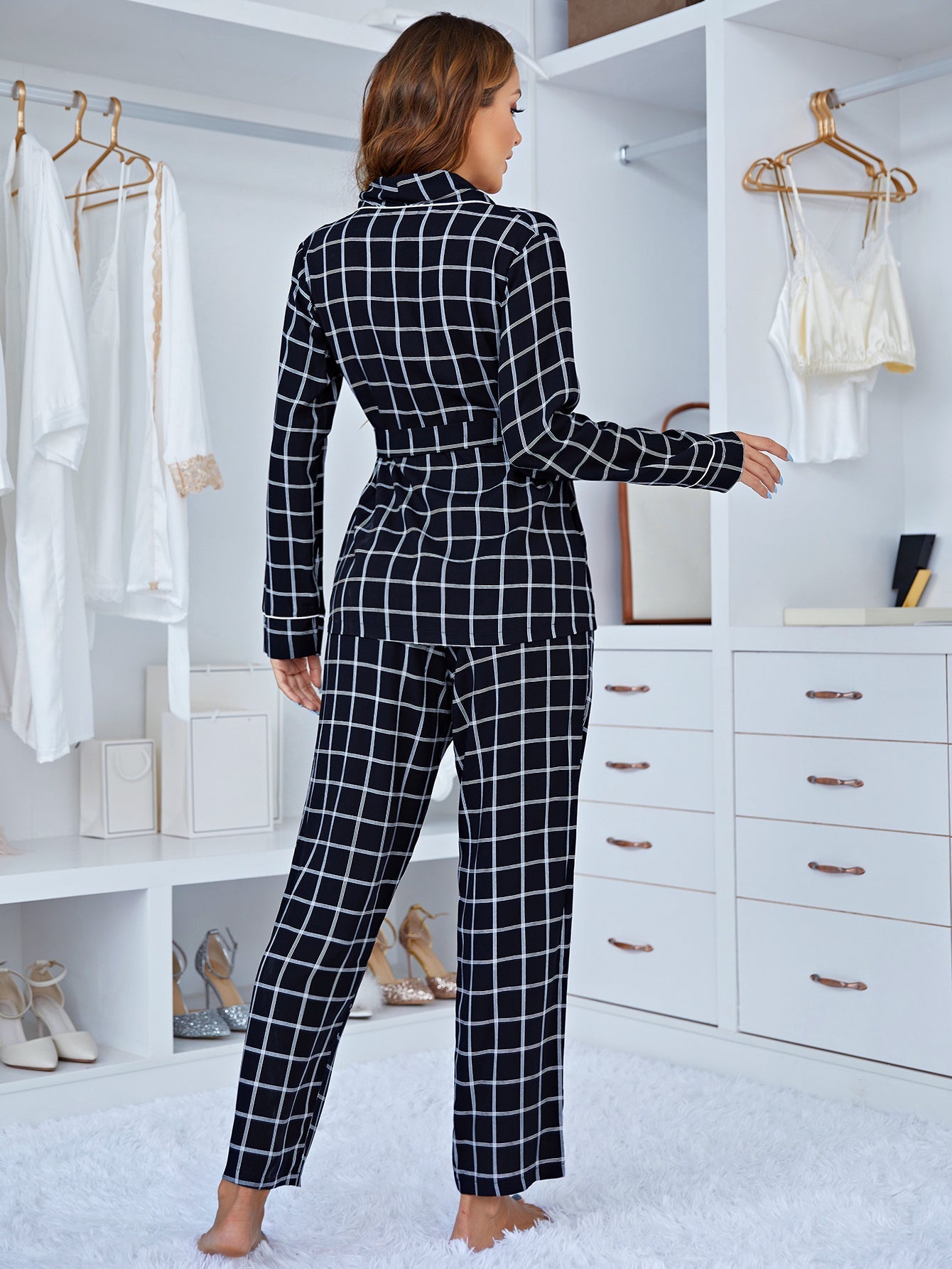 Plaid Button Front Shirt And Pants Pajamas Sets Sai Feel