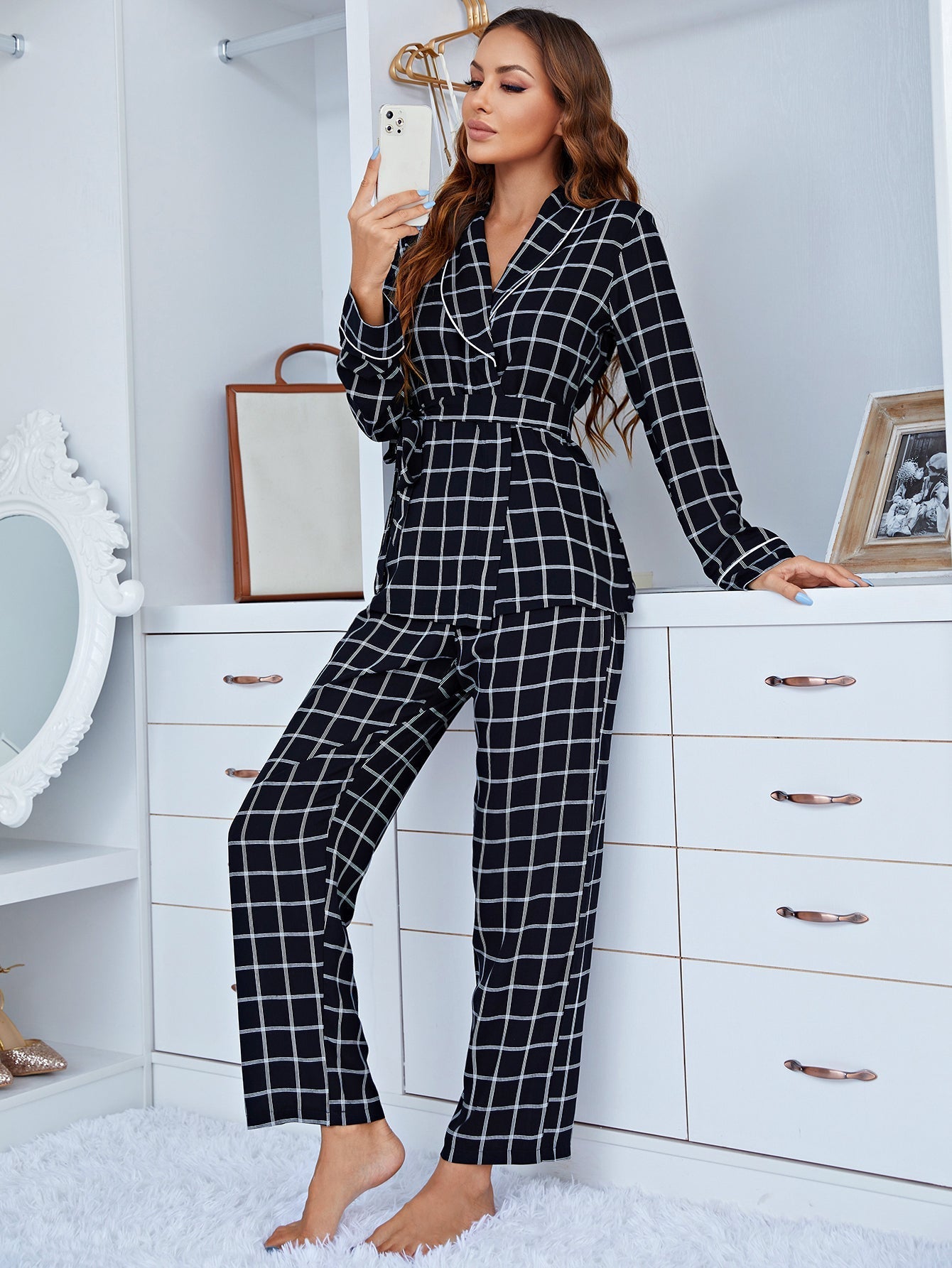 Plaid Button Front Shirt And Pants Pajamas Sets Sai Feel