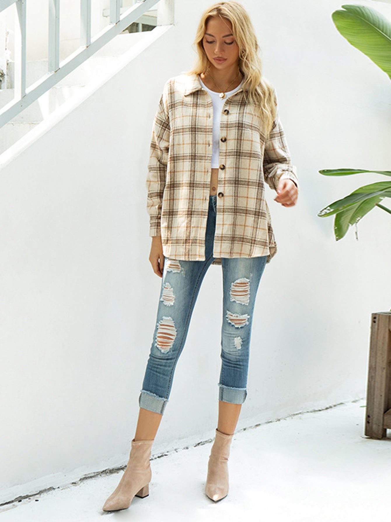 Plaid Button Up Overshirt Coat Sai Feel