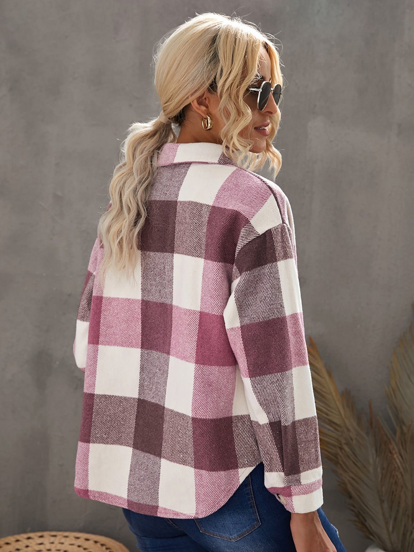 Plaid Color Block Buttoned Long Sleeve Jacket with Pocket Sai Feel