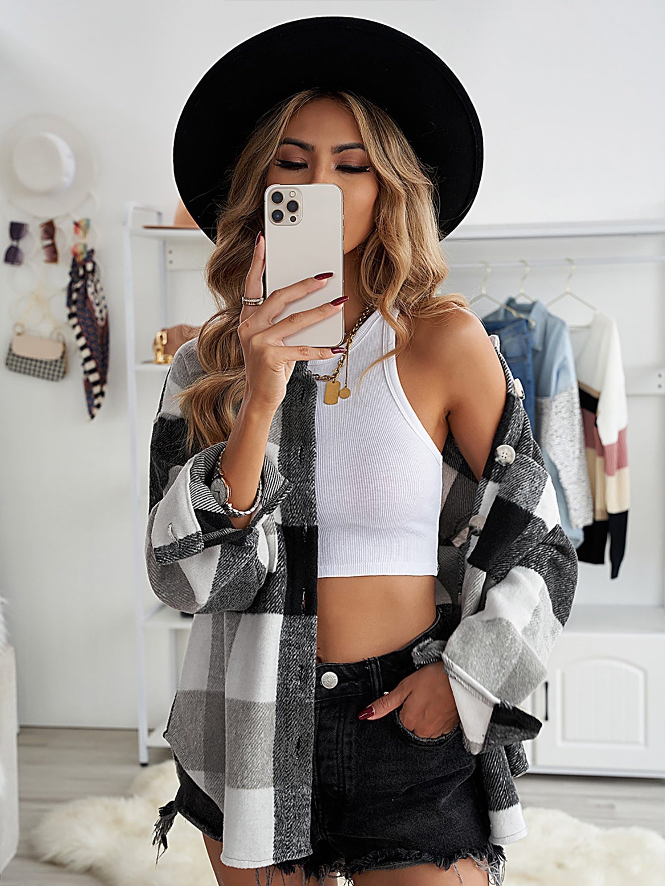 Plaid Color Block Buttoned Long Sleeve Jacket with Pocket Sai Feel
