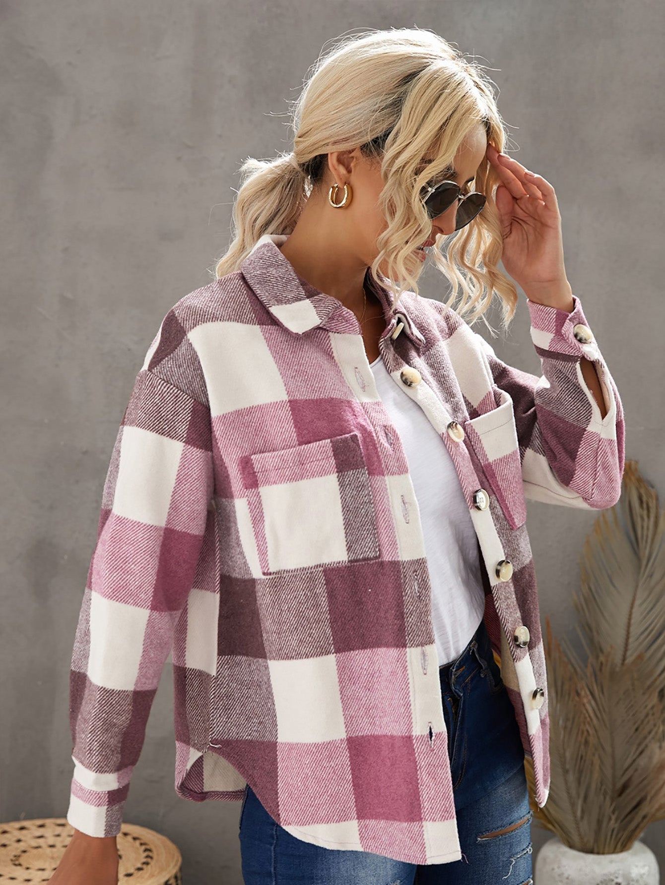 Plaid Color Block Buttoned Long Sleeve Jacket with Pocket Sai Feel