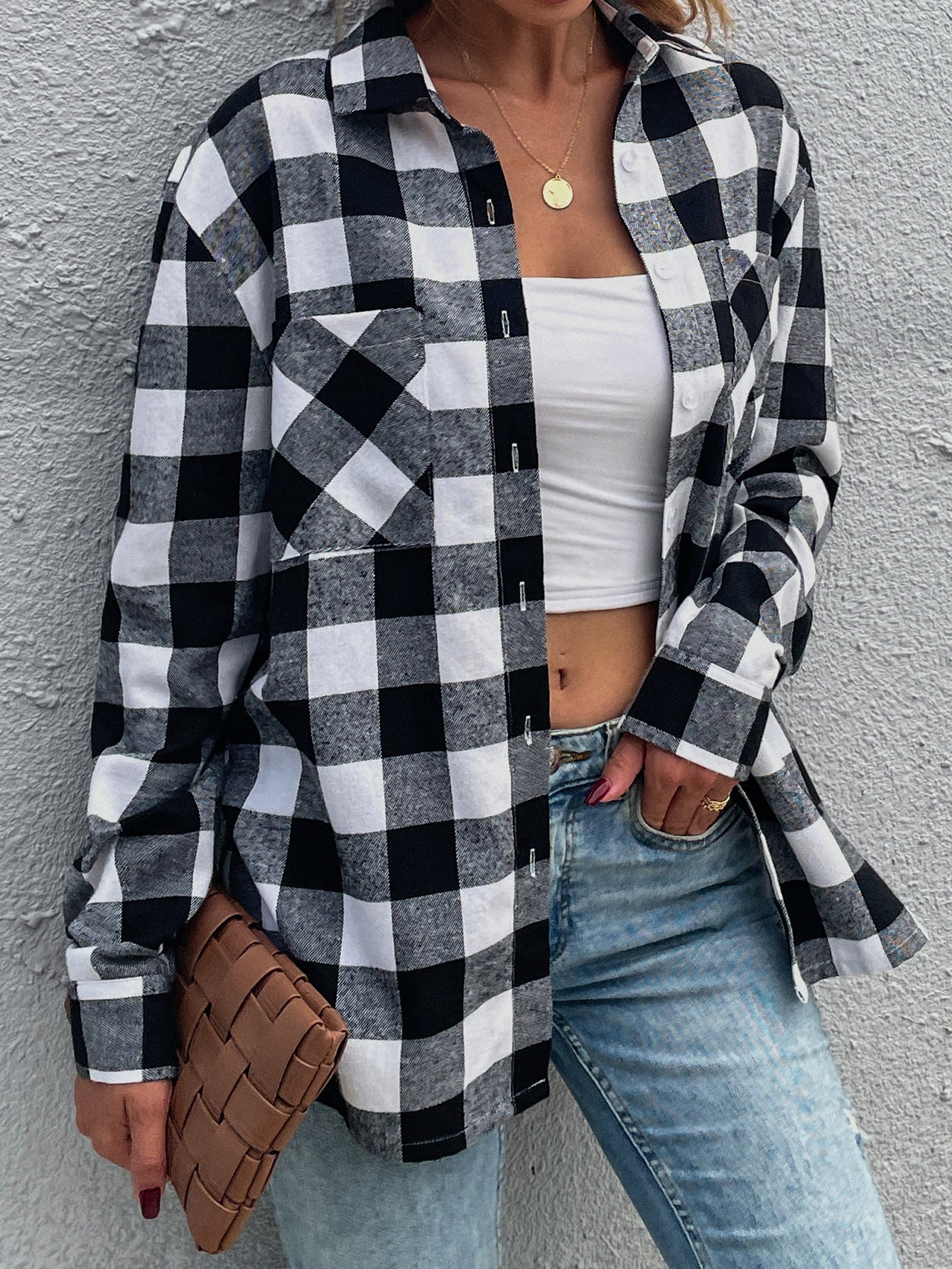 Plaid Drop Cardigan Lapel Long Sleeve Casual Top Shirt Blouse Sai Feel