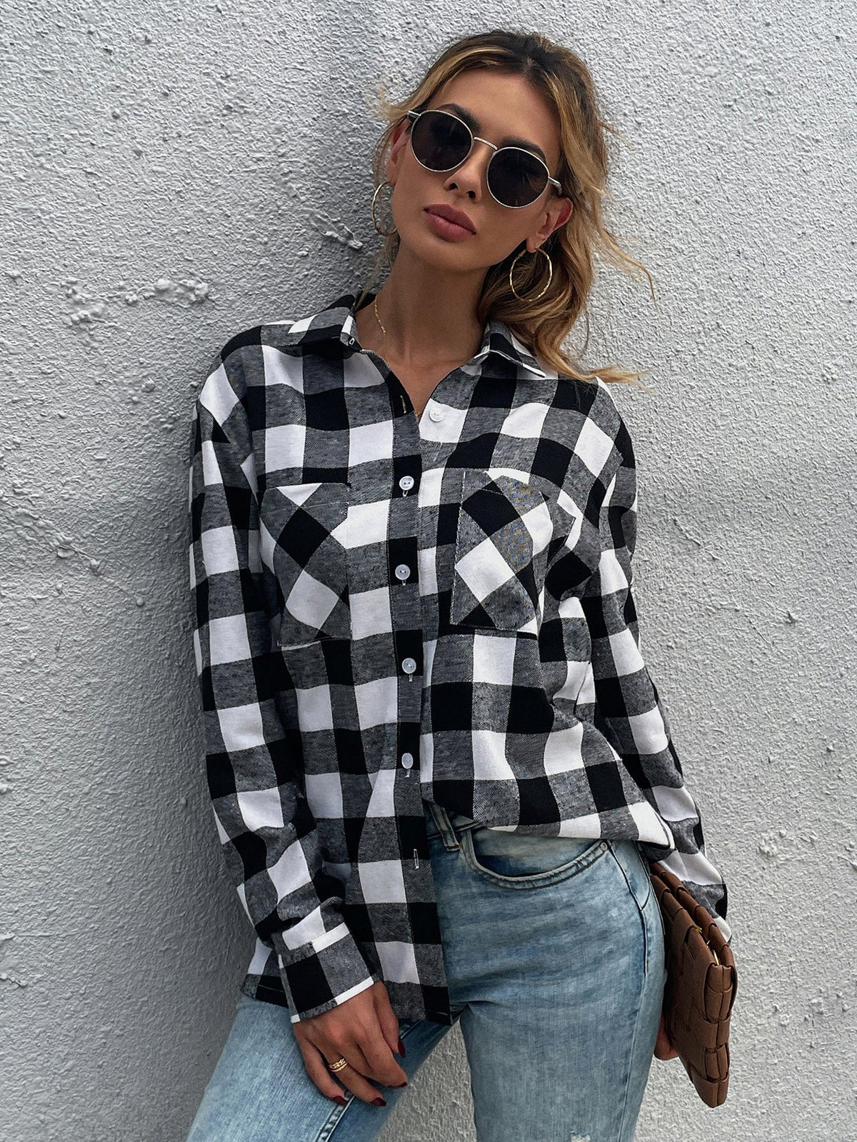 Plaid Drop Cardigan Lapel Long Sleeve Casual Top Shirt Blouse Sai Feel