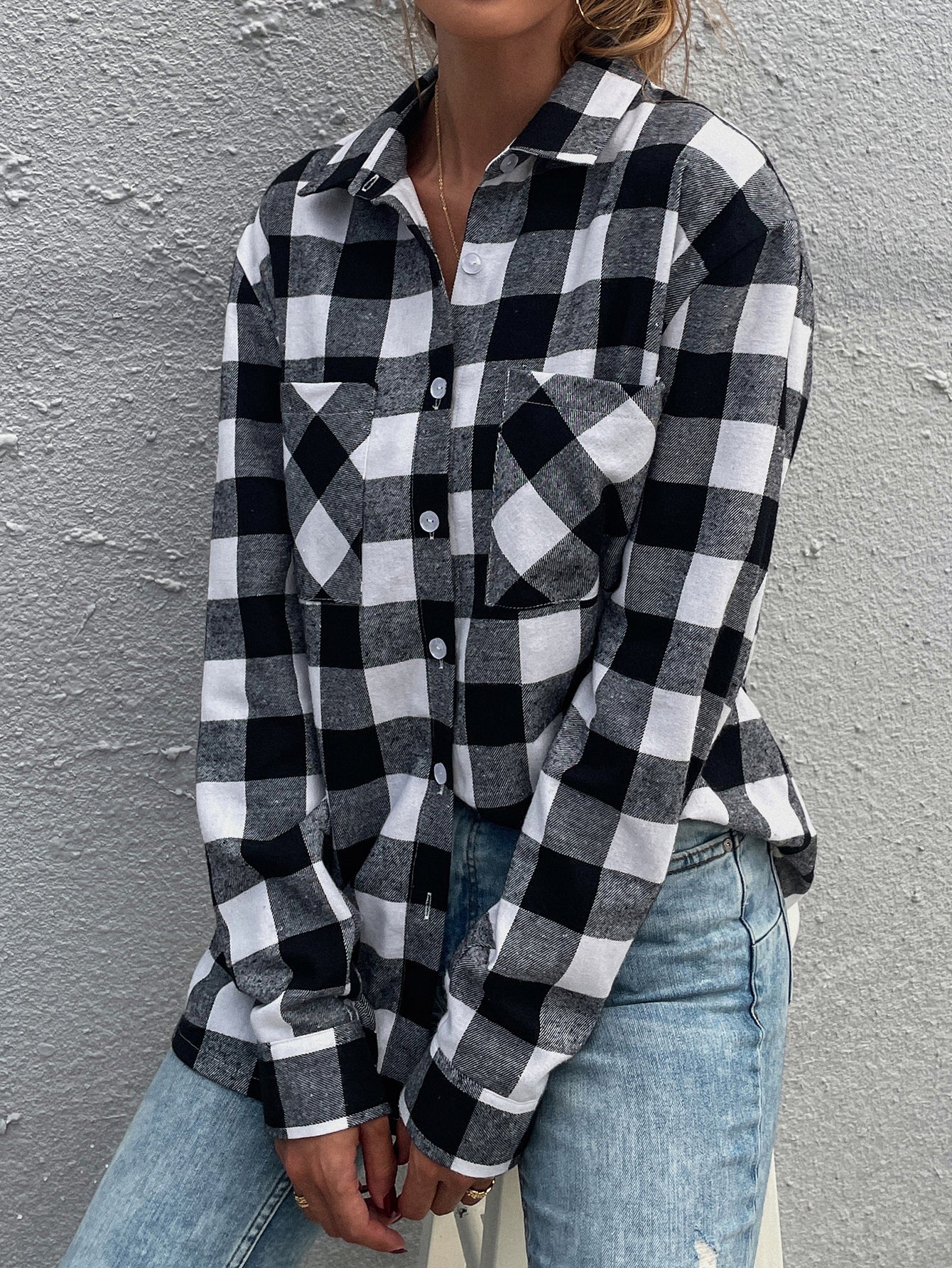 Plaid Drop Cardigan Lapel Long Sleeve Casual Top Shirt Blouse Sai Feel