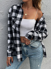 Plaid Drop Cardigan Lapel Long Sleeve Casual Top Shirt Blouse Sai Feel