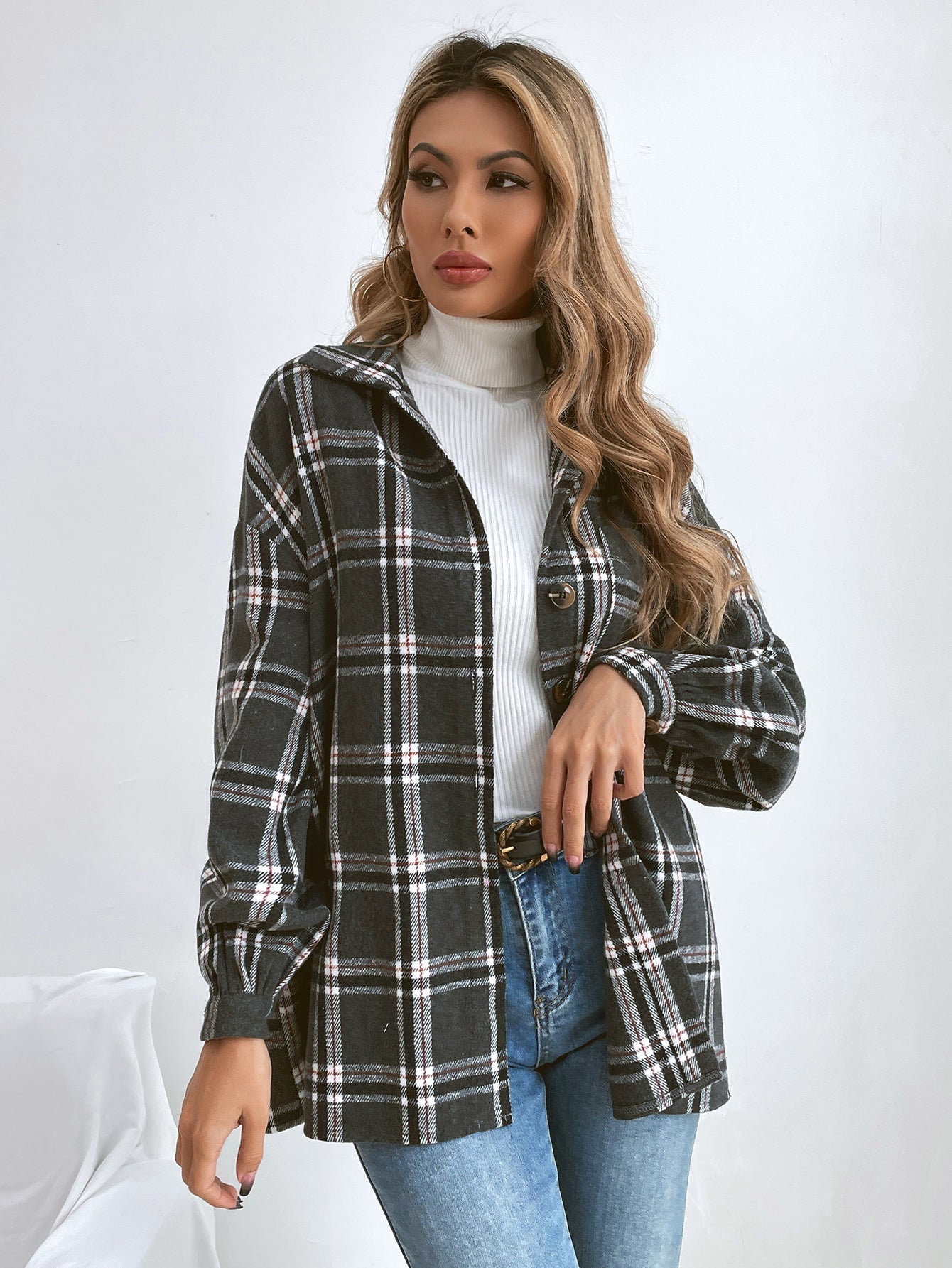 Plaid Drop Shoulder Button Up Coat Sai Feel