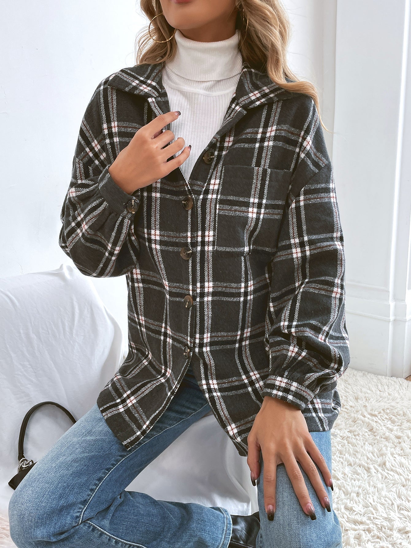 Plaid Drop Shoulder Button Up Coat Sai Feel