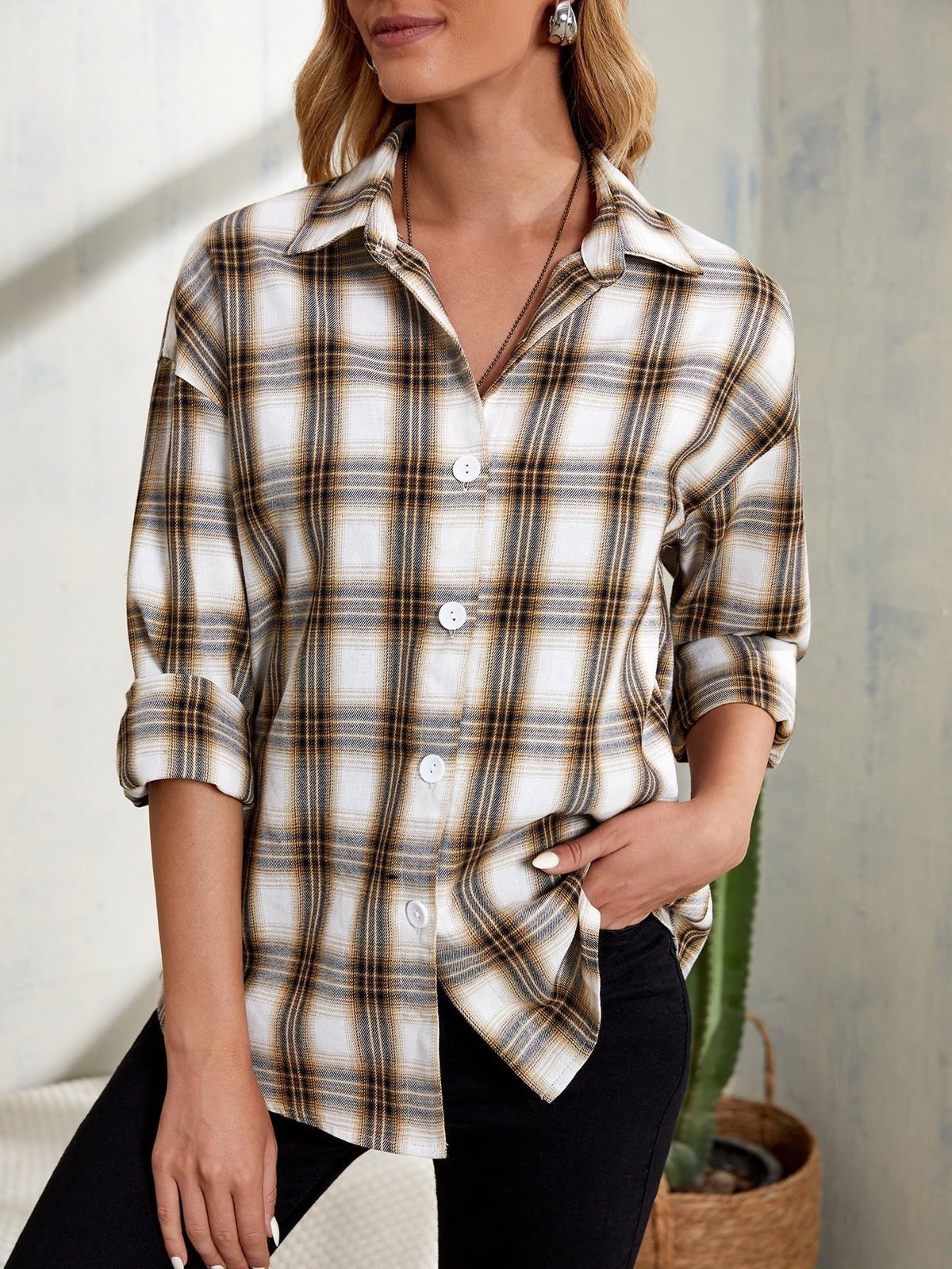 Plaid Drop Shoulder Overshirt Sai Feel