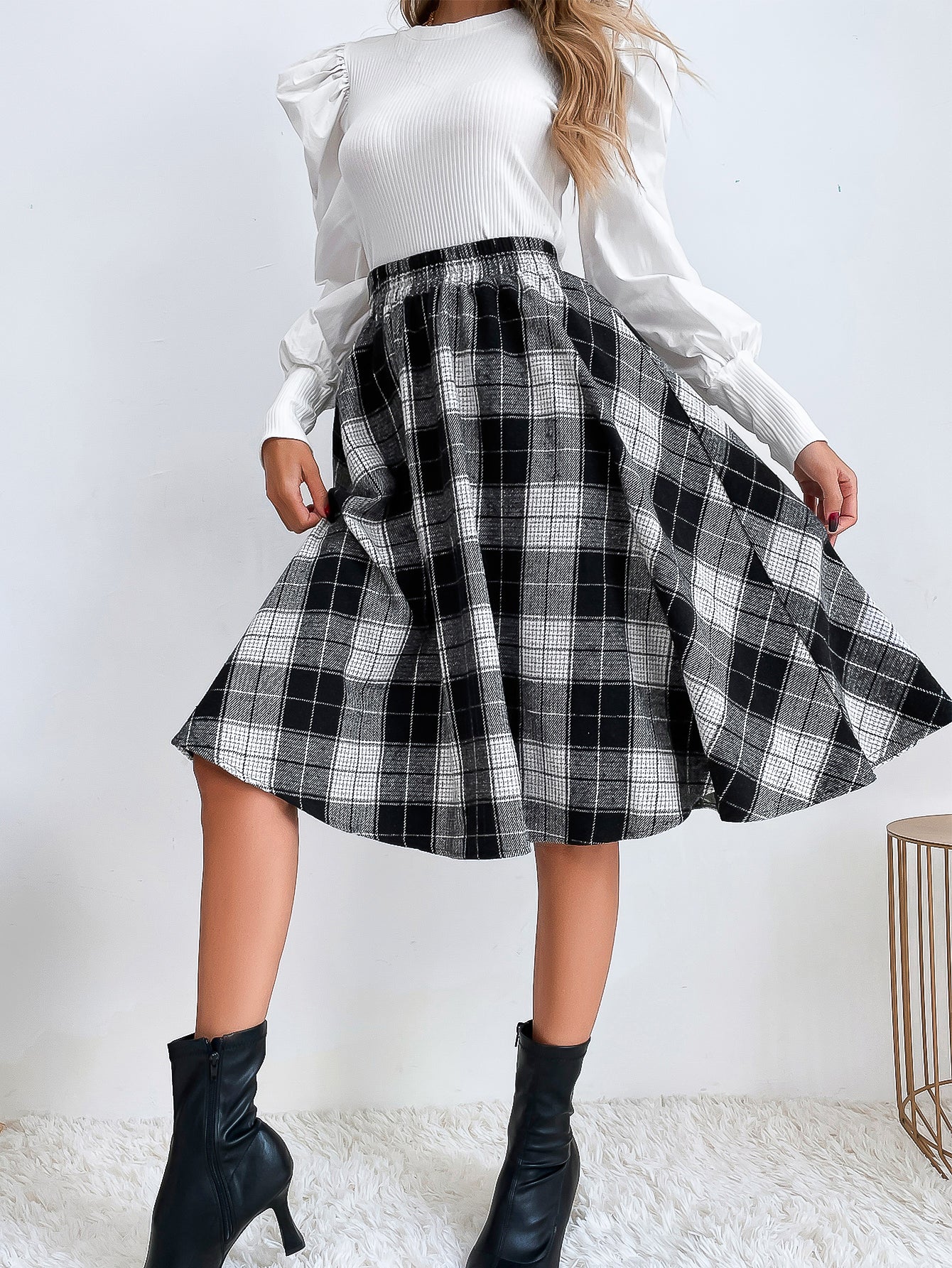 Plaid Elastic Waist Flare Skirt Sai Feel