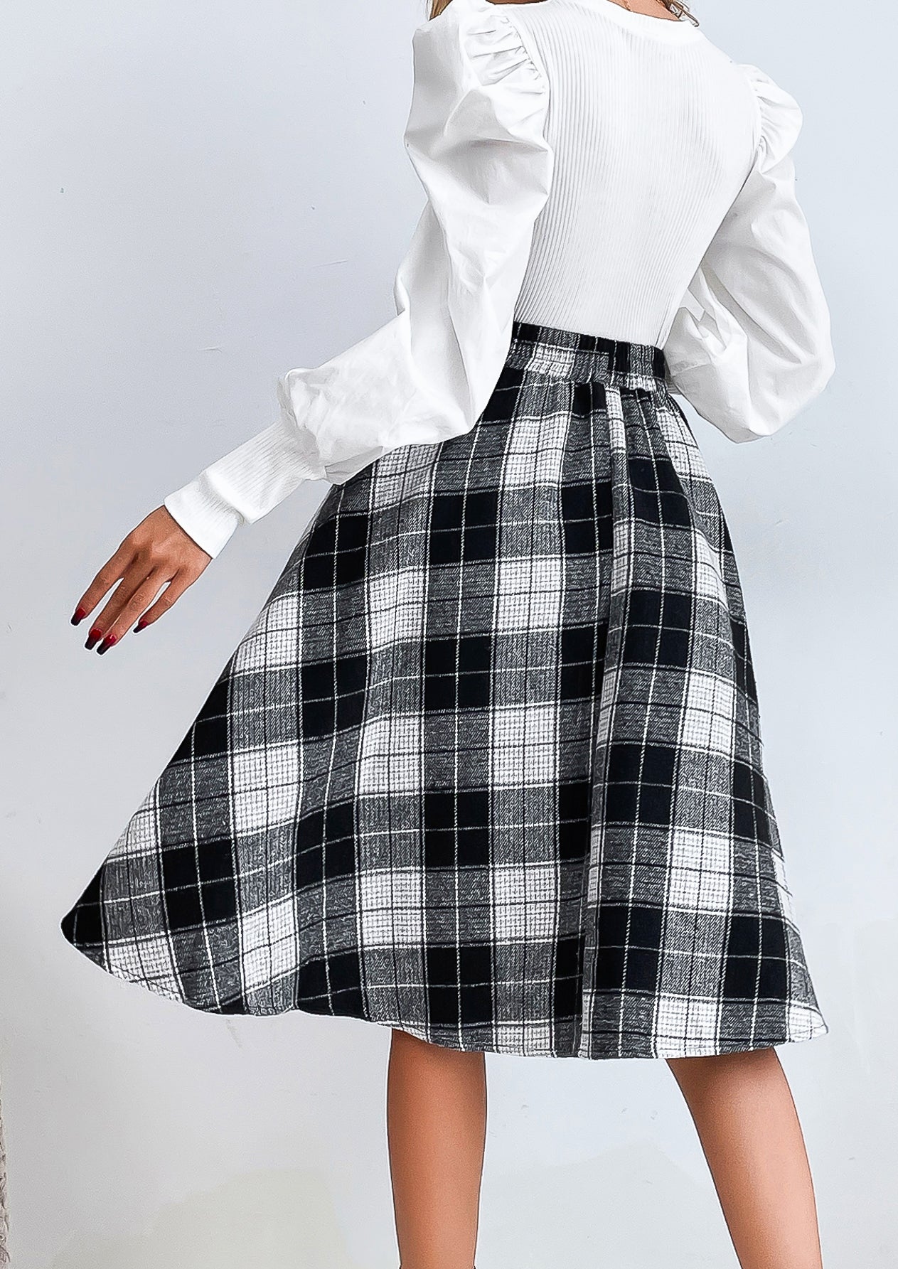 Plaid Elastic Waist Flare Skirt Sai Feel