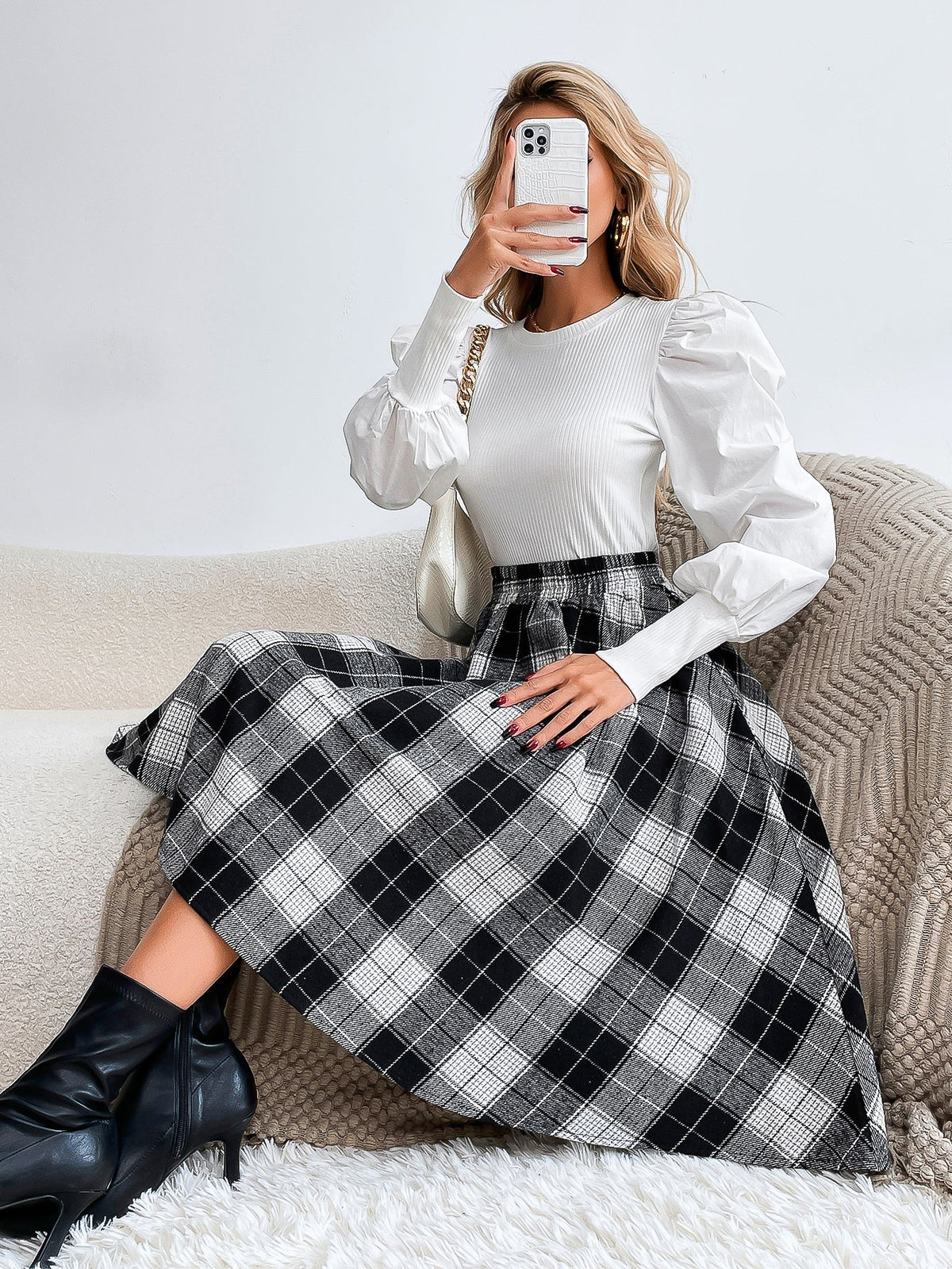 Plaid Elastic Waist Flare Skirt Sai Feel