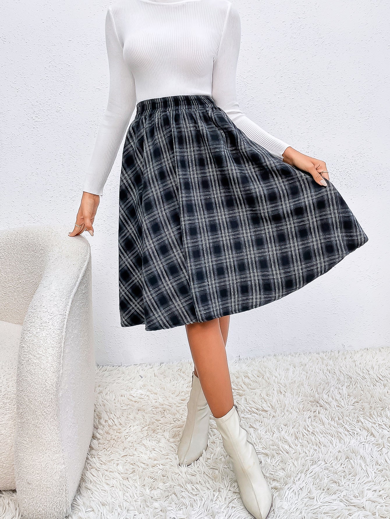 Plaid Elastic Waist Flare Skirt Sai Feel