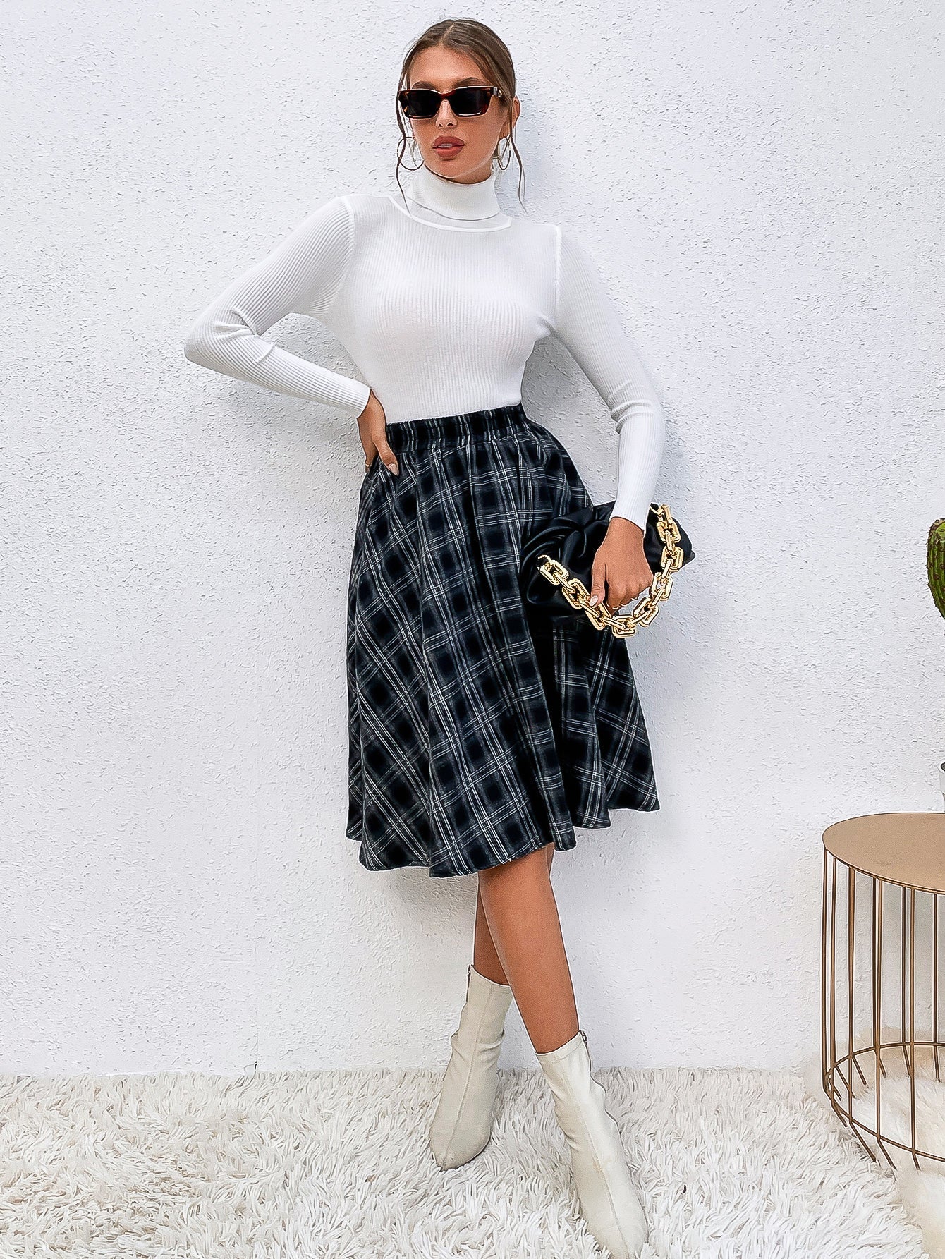 Plaid Elastic Waist Flare Skirt Sai Feel