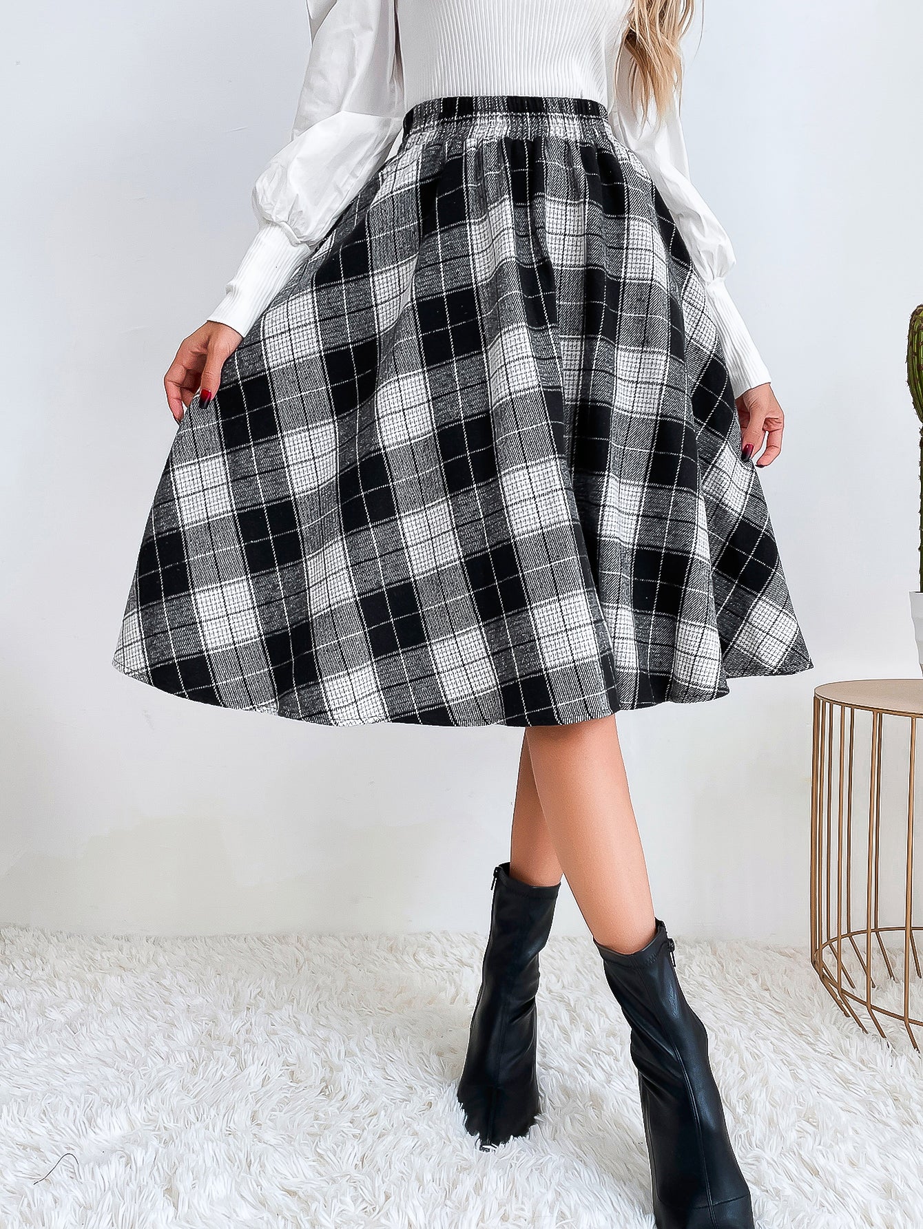 Plaid Elastic Waist Flare Skirt Sai Feel