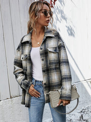 Plaid Flap Pocket Front Drop Shoulder Plaid Coat Sai Feel