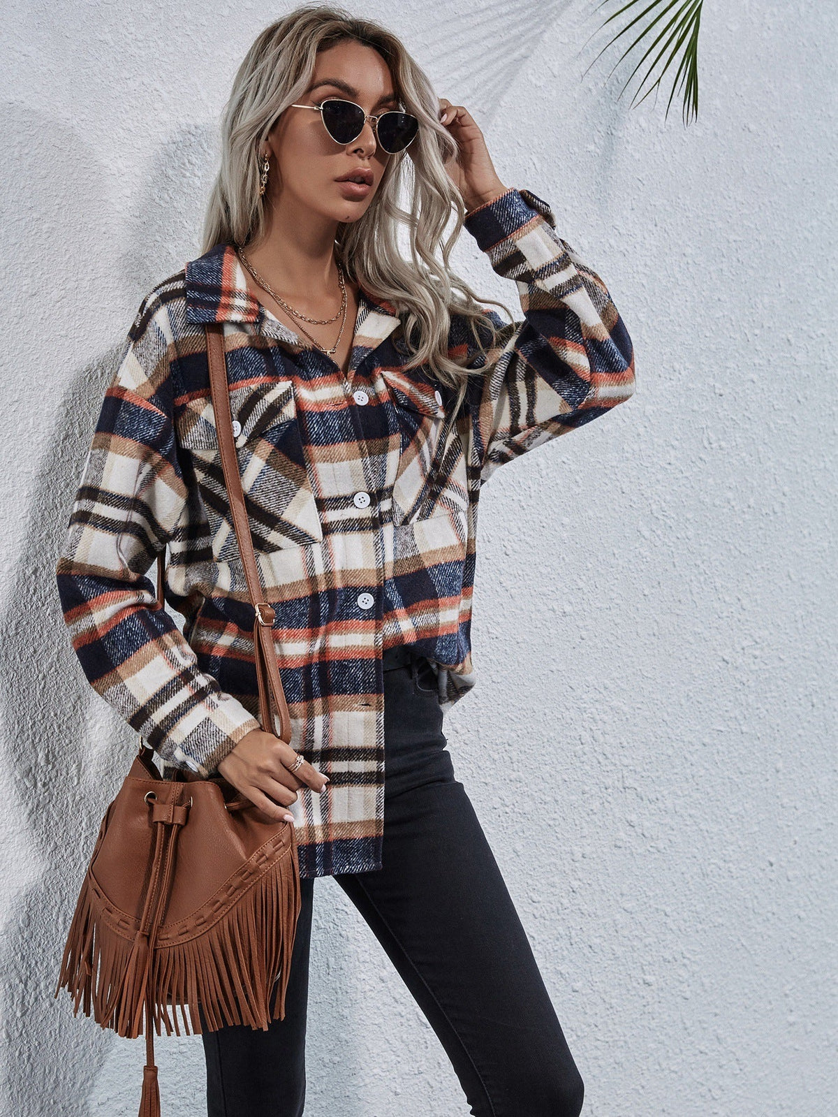 Plaid Flap Pocket Front Drop Shoulder Plaid Coat Sai Feel