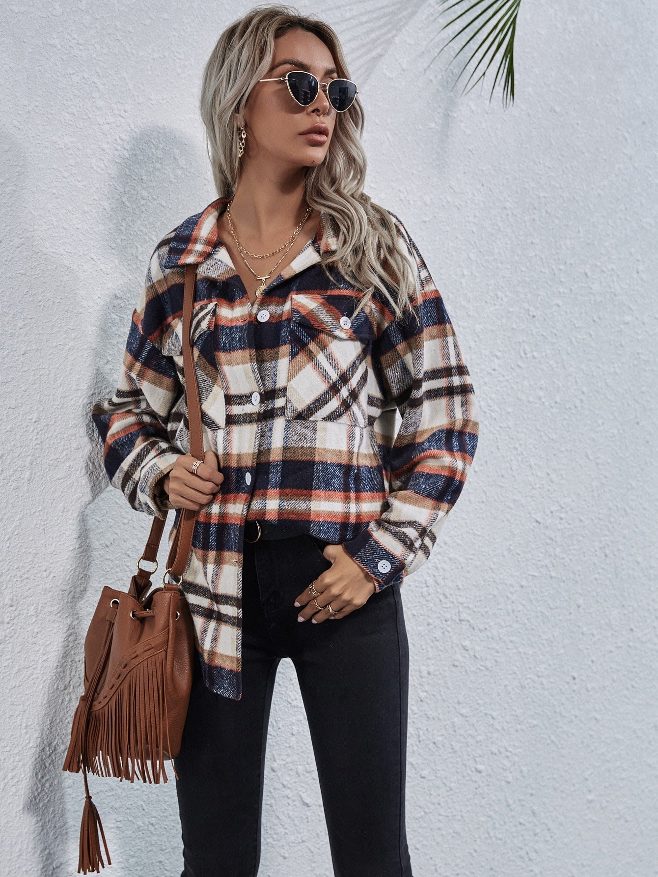 Plaid Flap Pocket Front Drop Shoulder Plaid Coat Sai Feel