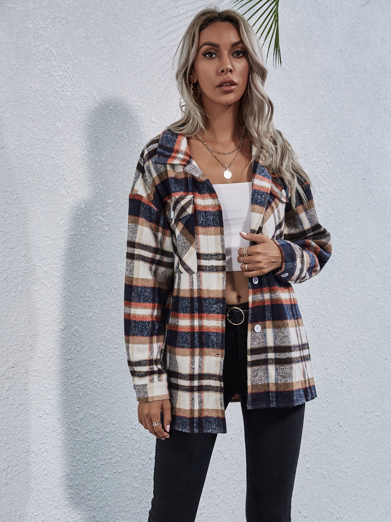 Plaid Flap Pocket Front Drop Shoulder Plaid Coat Sai Feel