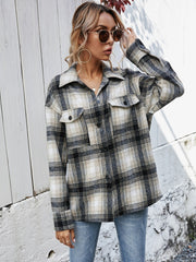 Plaid Flap Pocket Front Drop Shoulder Plaid Coat Sai Feel