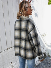 Plaid Flap Pocket Front Drop Shoulder Plaid Coat Sai Feel