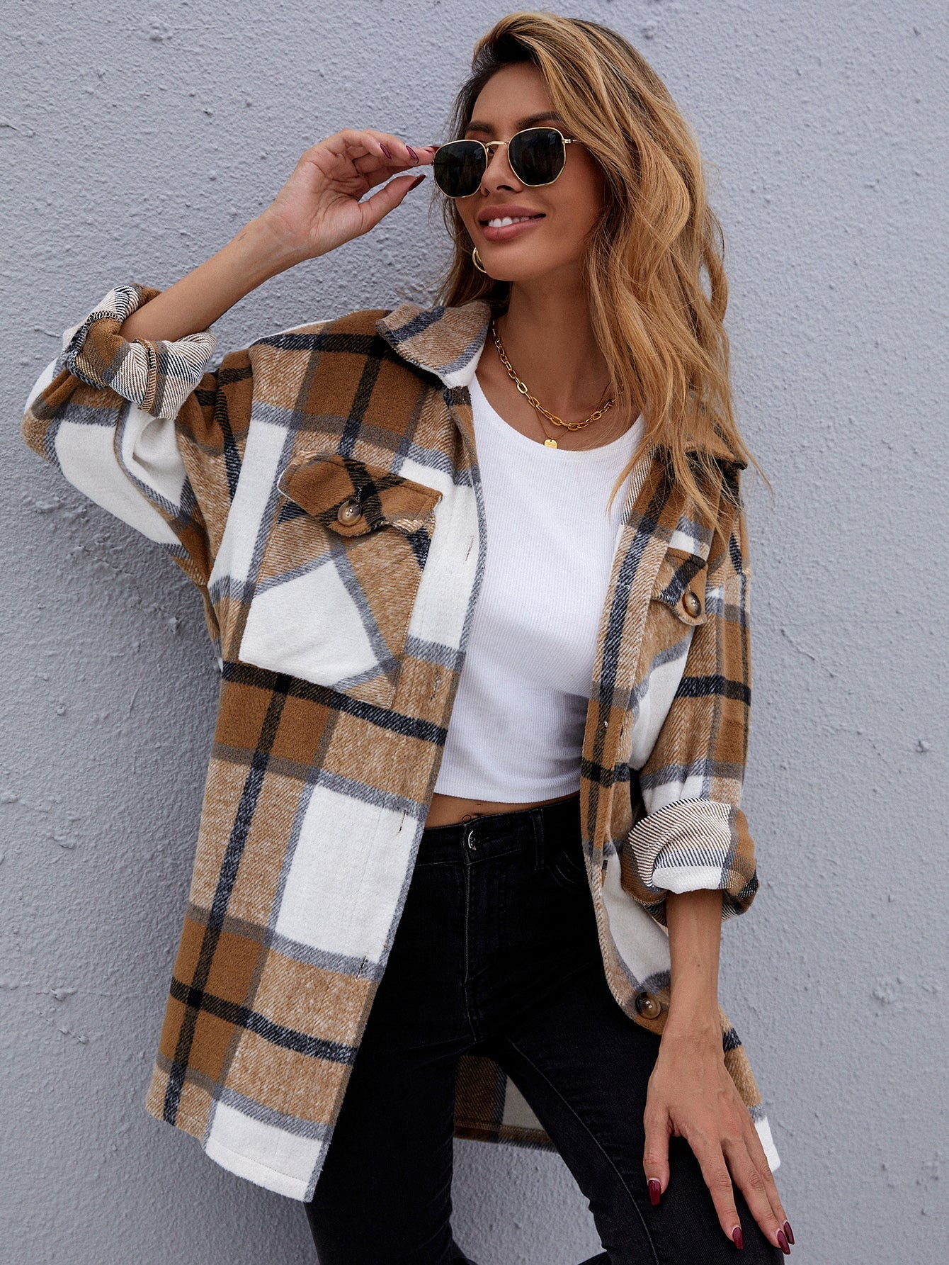 Plaid Flap Pockets Overcoat Sai Feel