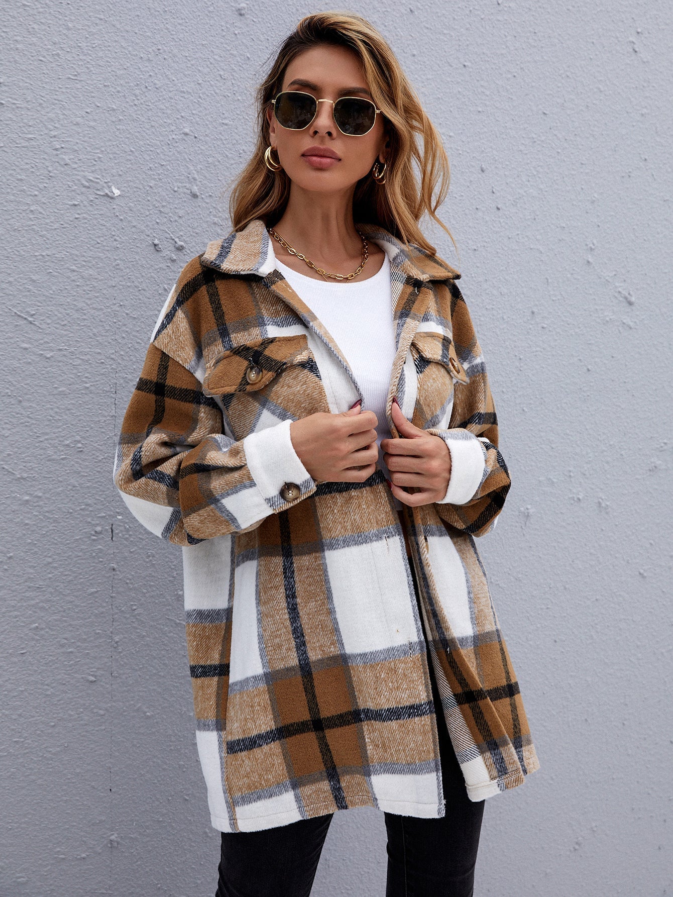 Plaid Flap Pockets Overcoat Sai Feel