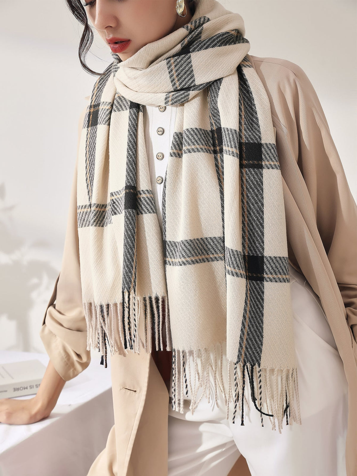 Plaid Fringe Hem Scarf Sai Feel