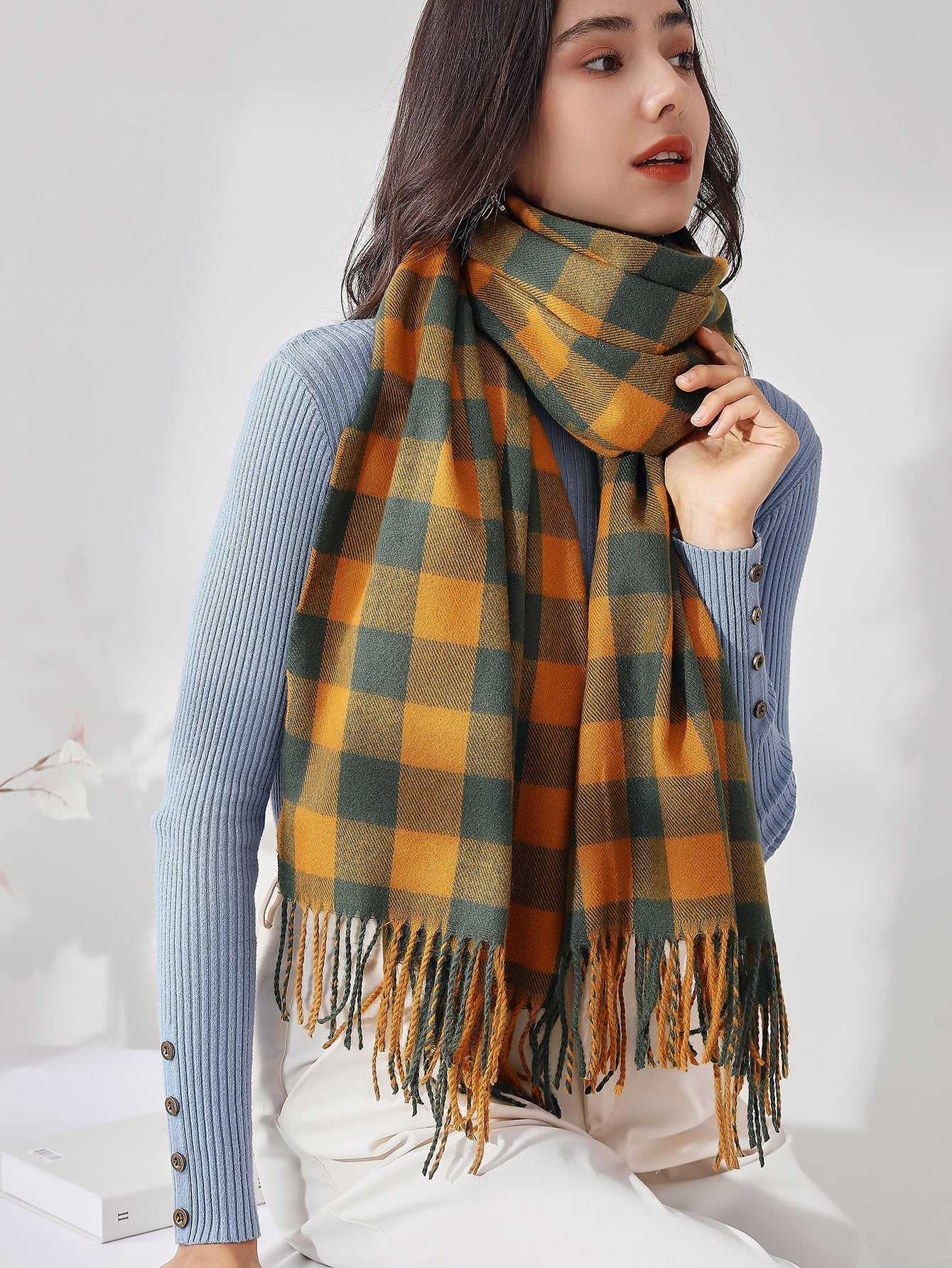 Plaid Fringe Hem Scarf Sai Feel