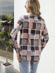 Plaid Leopard Color Block Button Up Blouse Sai Feel