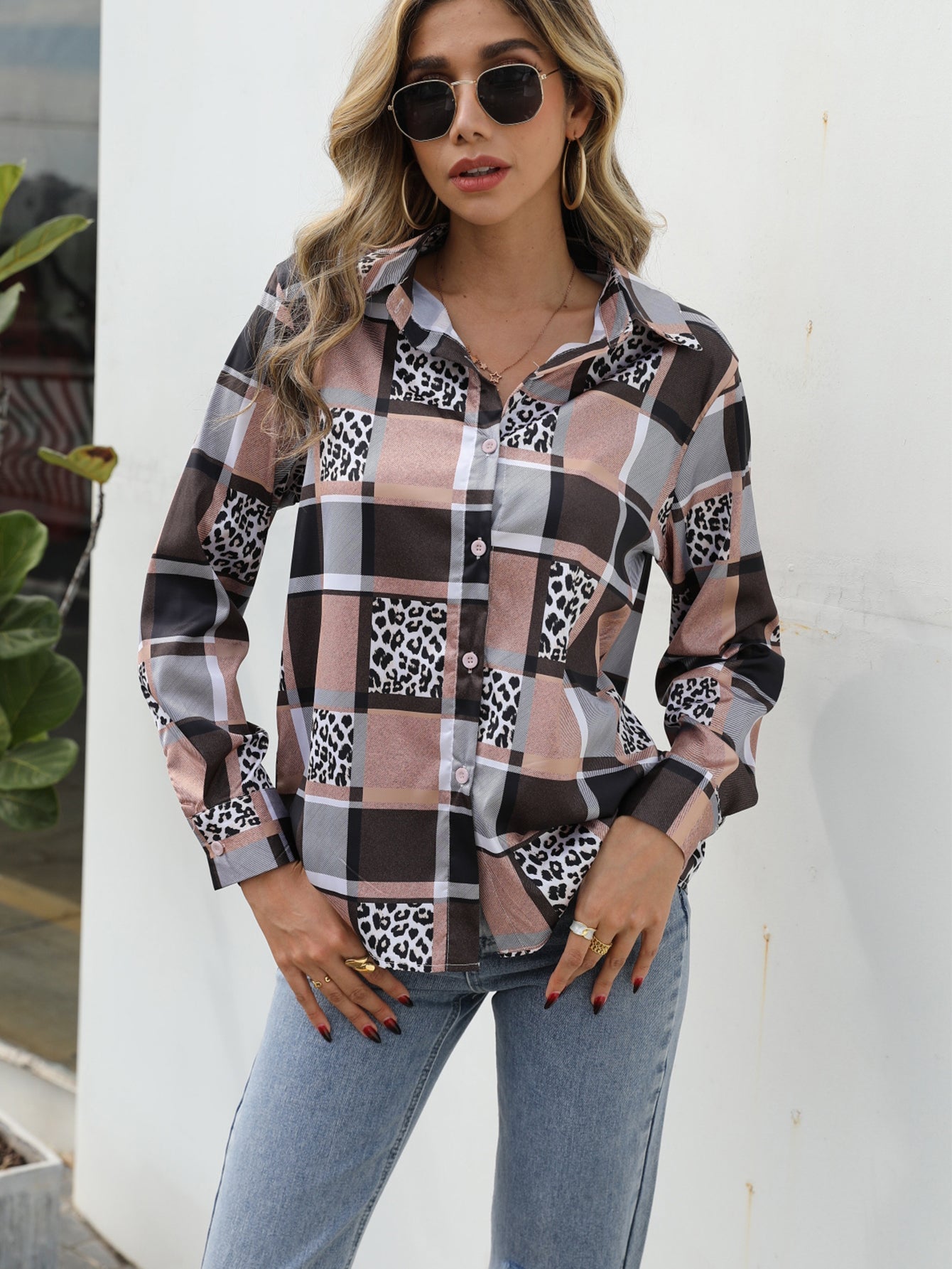 Plaid Leopard Color Block Button Up Blouse Sai Feel