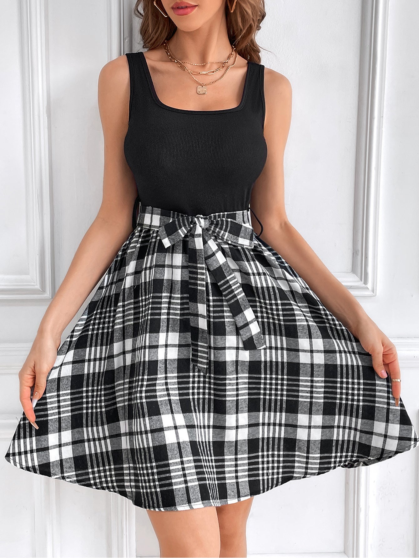 Plaid Panel Tie Waist Tank Dress Sai Feel