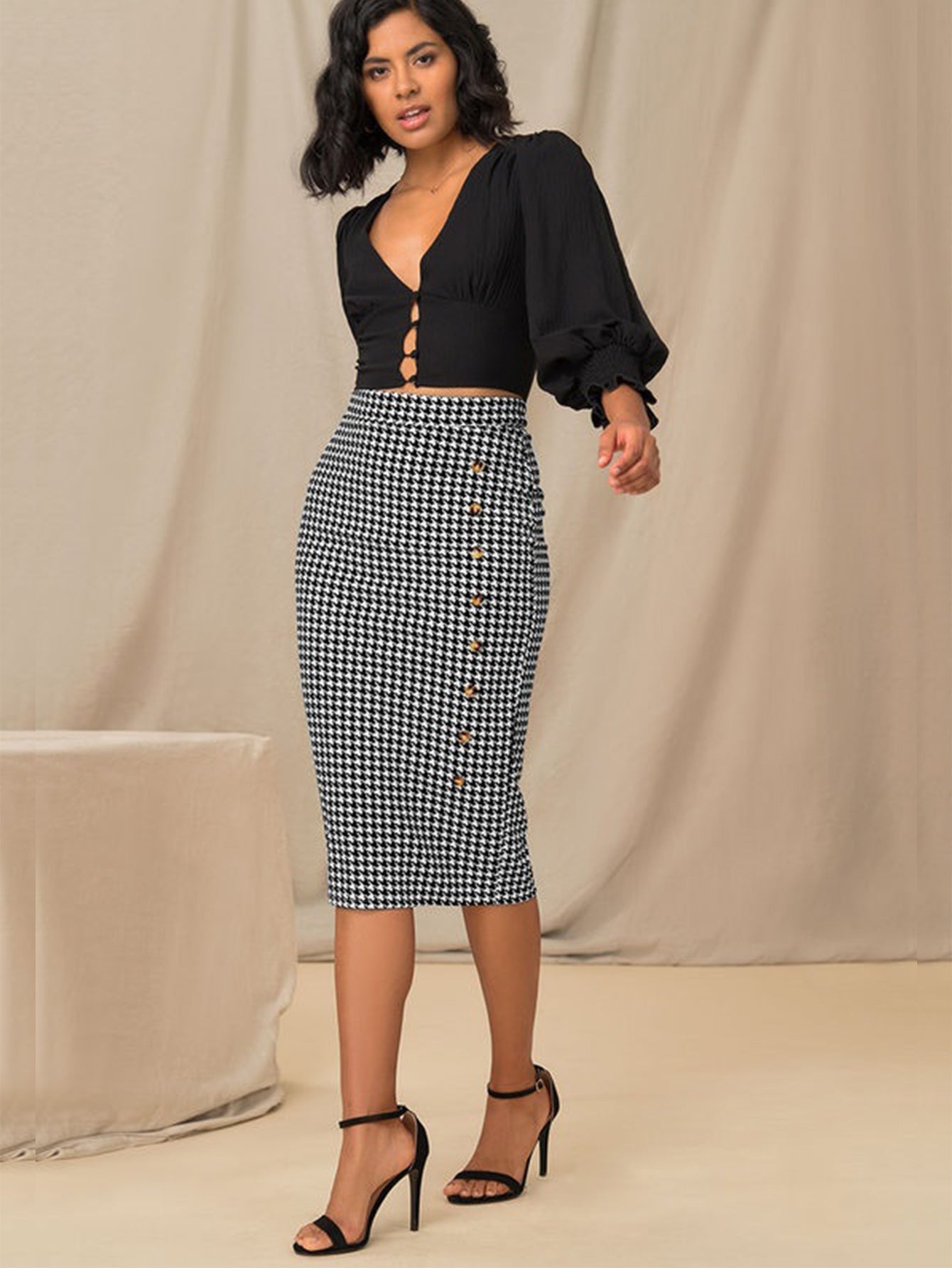 Plaid Pencil Skirt with Button Decoration Sai Feel