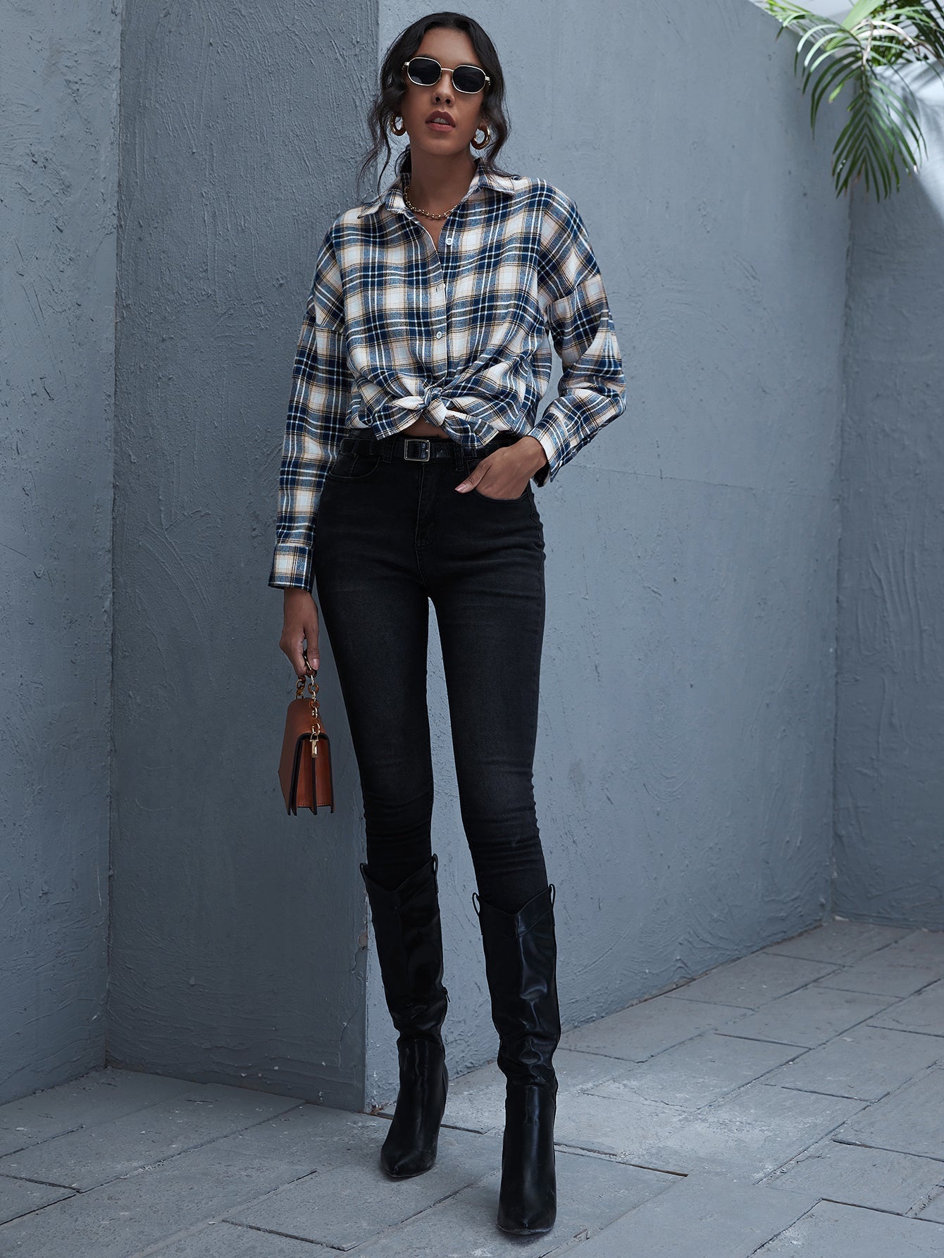 Plaid Print Drop Shoulder Blouse Sai Feel