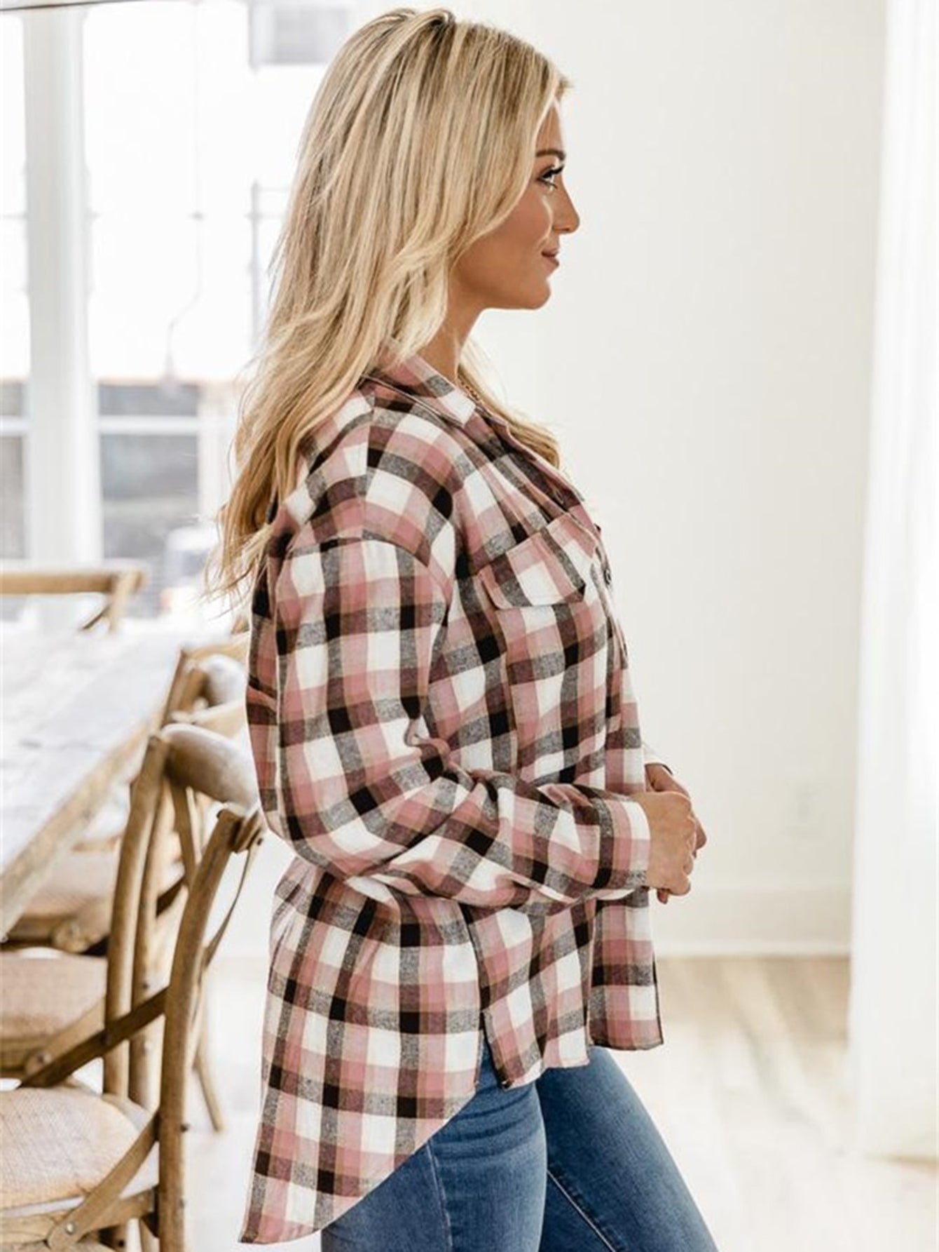 Plaid Print Drop Shoulder Blouse Sai Feel