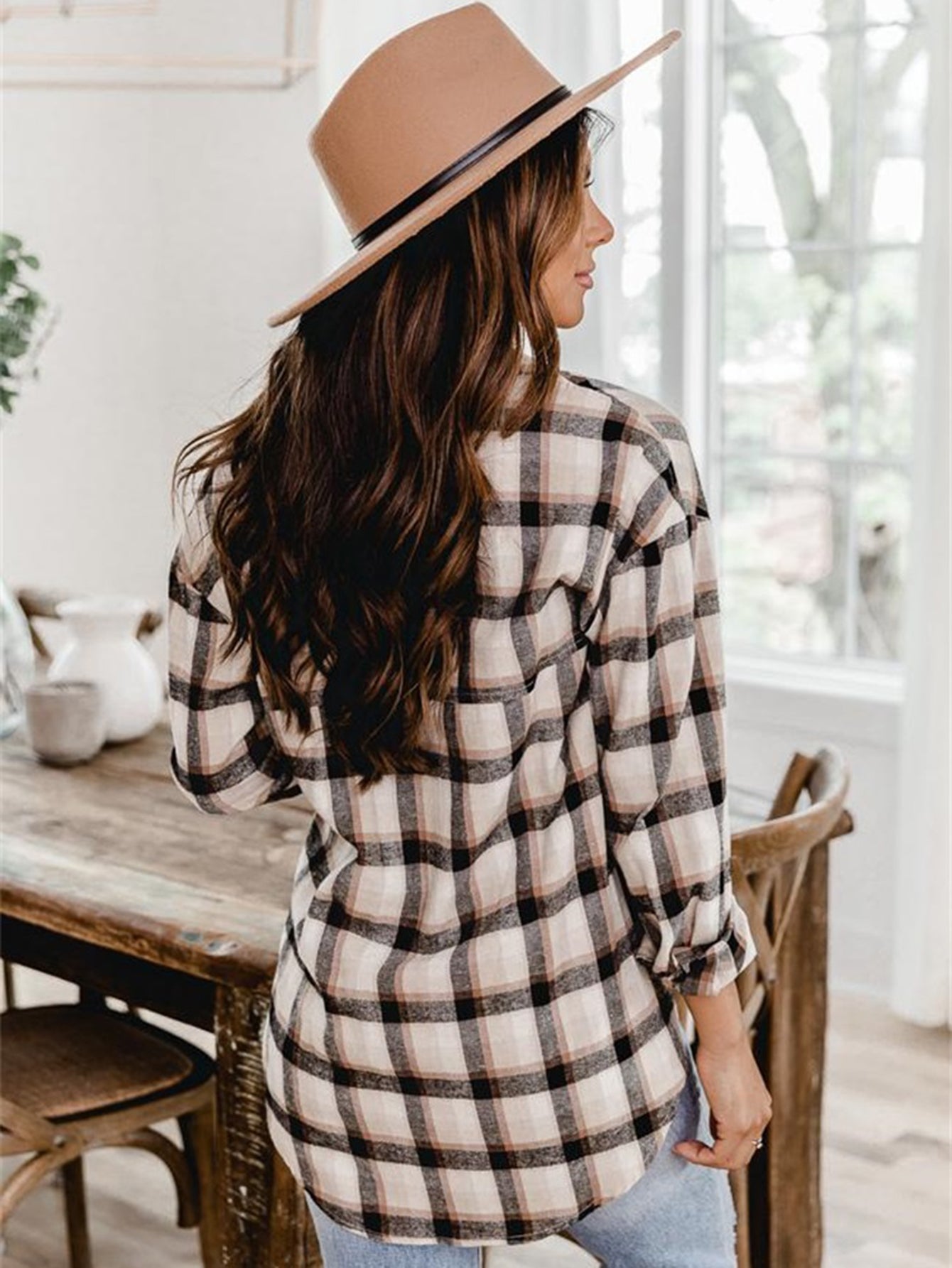 Plaid Print Drop Shoulder Blouse Sai Feel