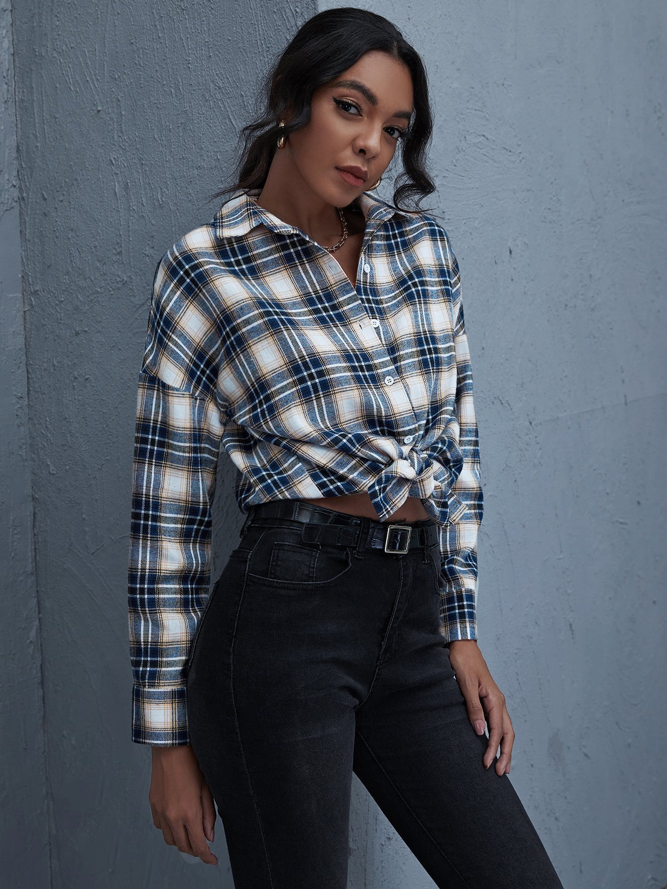 Plaid Print Drop Shoulder Blouse Sai Feel