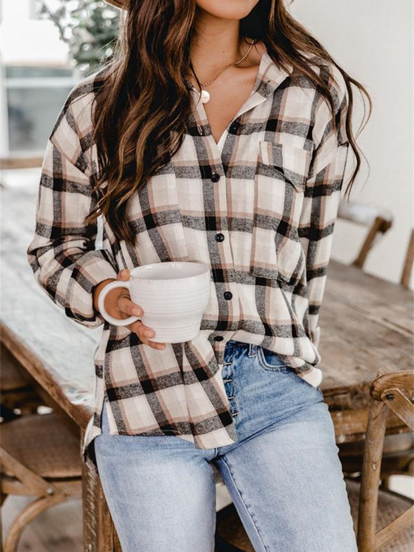 Plaid Print Drop Shoulder Blouse Sai Feel