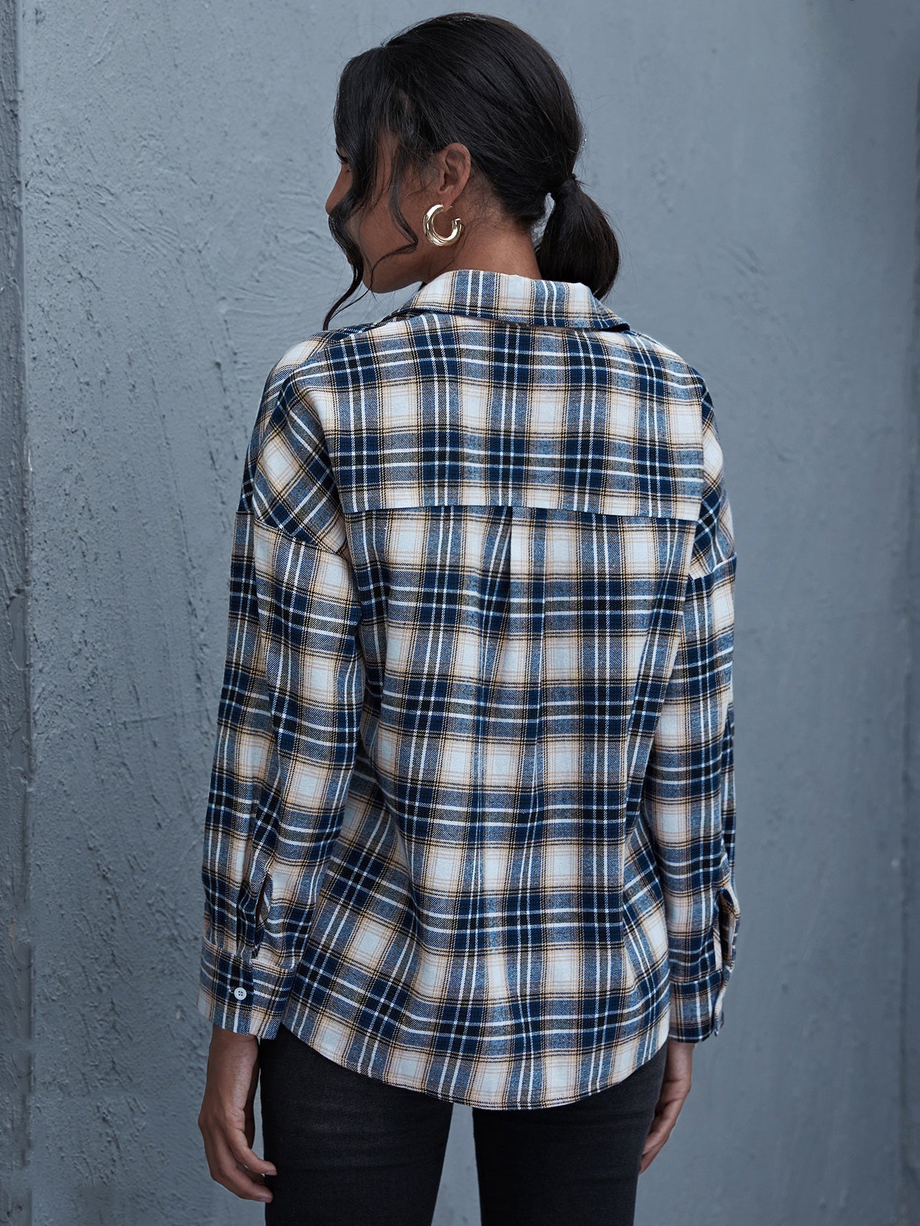 Plaid Print Drop Shoulder Blouse Sai Feel